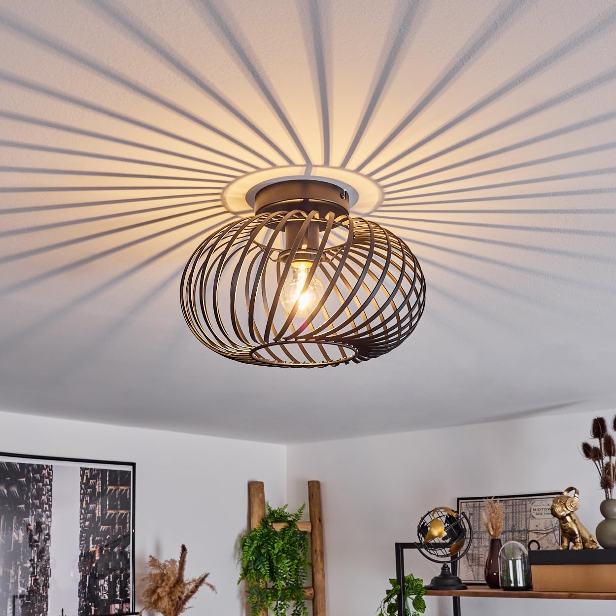 hofstein Oravi Ceiling Light, Round Ceiling lamp Made of Metal in Black, 1-Flame, E27 Socket, Ø 30 cm, Light in Retro/Vintage Design with Great Light Effect Due to Lattice Optics, Bulbs not Included