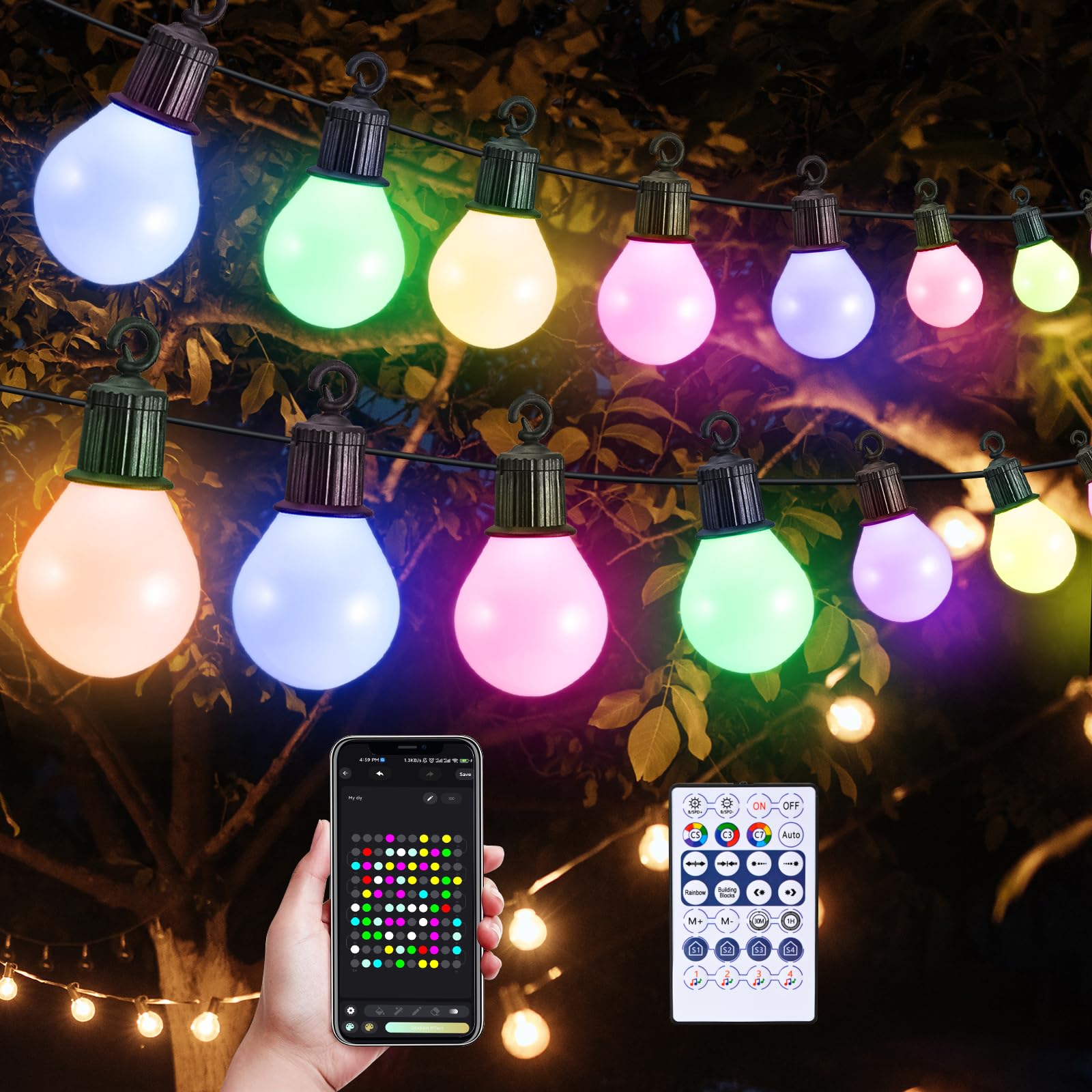 Aomdom Guirnalda Luces Exterior, 100ft/30M 50 LED Guirnalda Luces Interior con Control Remoto y Aplicación, Temporizador, 16 Millones de Colores y 50 Modos, Cadena de Luces Impermeable para Fiesta