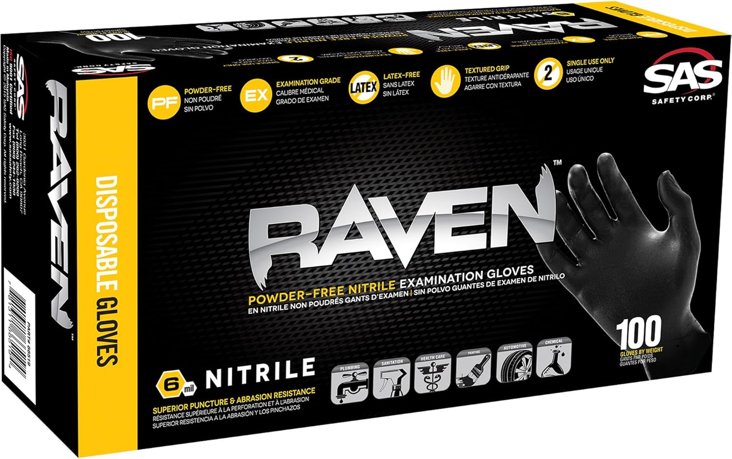 SAS Raven 7 Mil Nitrile Powder-Free Disposable Gloves, 50 Pairs, Black, Large, ASTM D6978 Rated, Model# 66518