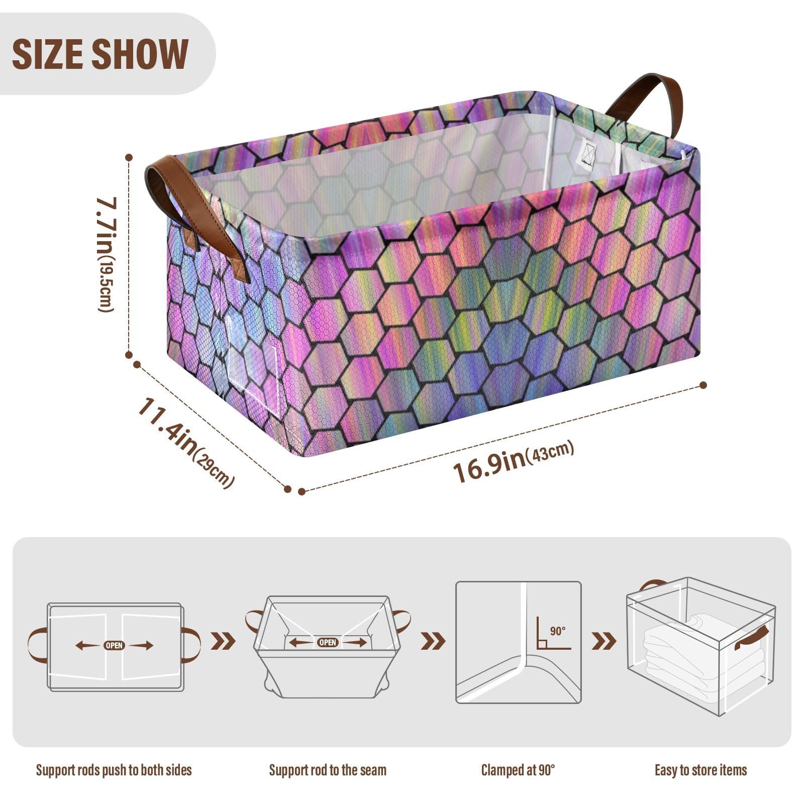 Fygkptb Abstract Colorful Hexagonal Geometric Texture in Rainbow Color 2 PC Rectangle Foldable Frame Basket Leather Handles Storage Bin for Laundry Bathroom Organizer 16.9 x 11.4 x 7.7 inch