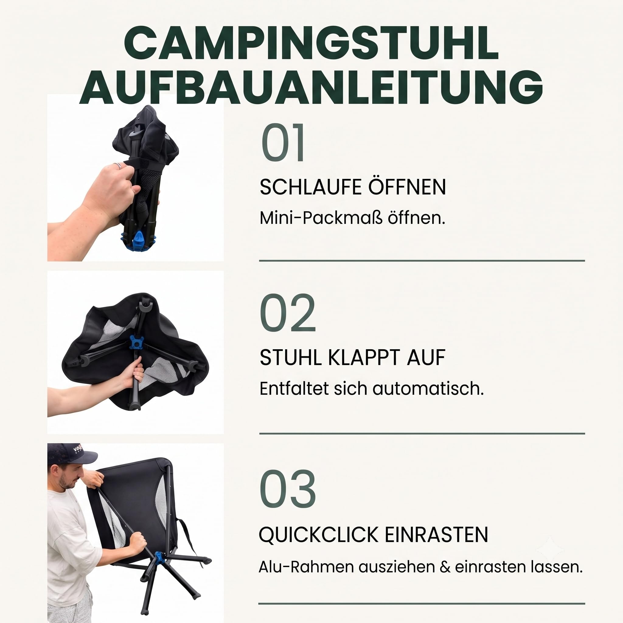 outwild campingstuhl, 1/2/3er Pack Faltbar 150kg | 1.7kg ultraleicht,QuickClick-System,150kg Belastbarkeit,für Single Partner Familie Camping