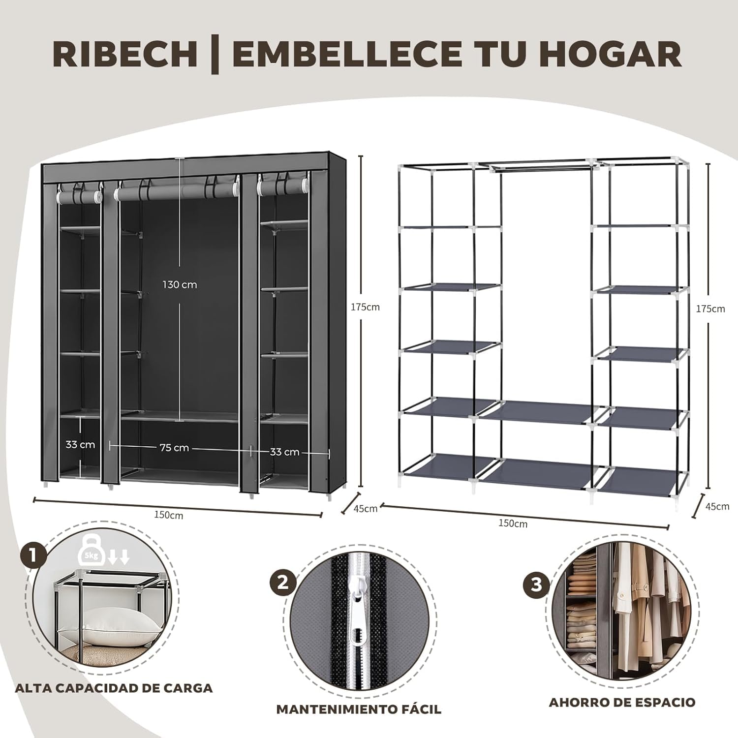 Armario de Tela 12 Compartimentos con Barra Colgador, Guardarropa Estable para Dormitorio, 150x45x175 cm, Gris