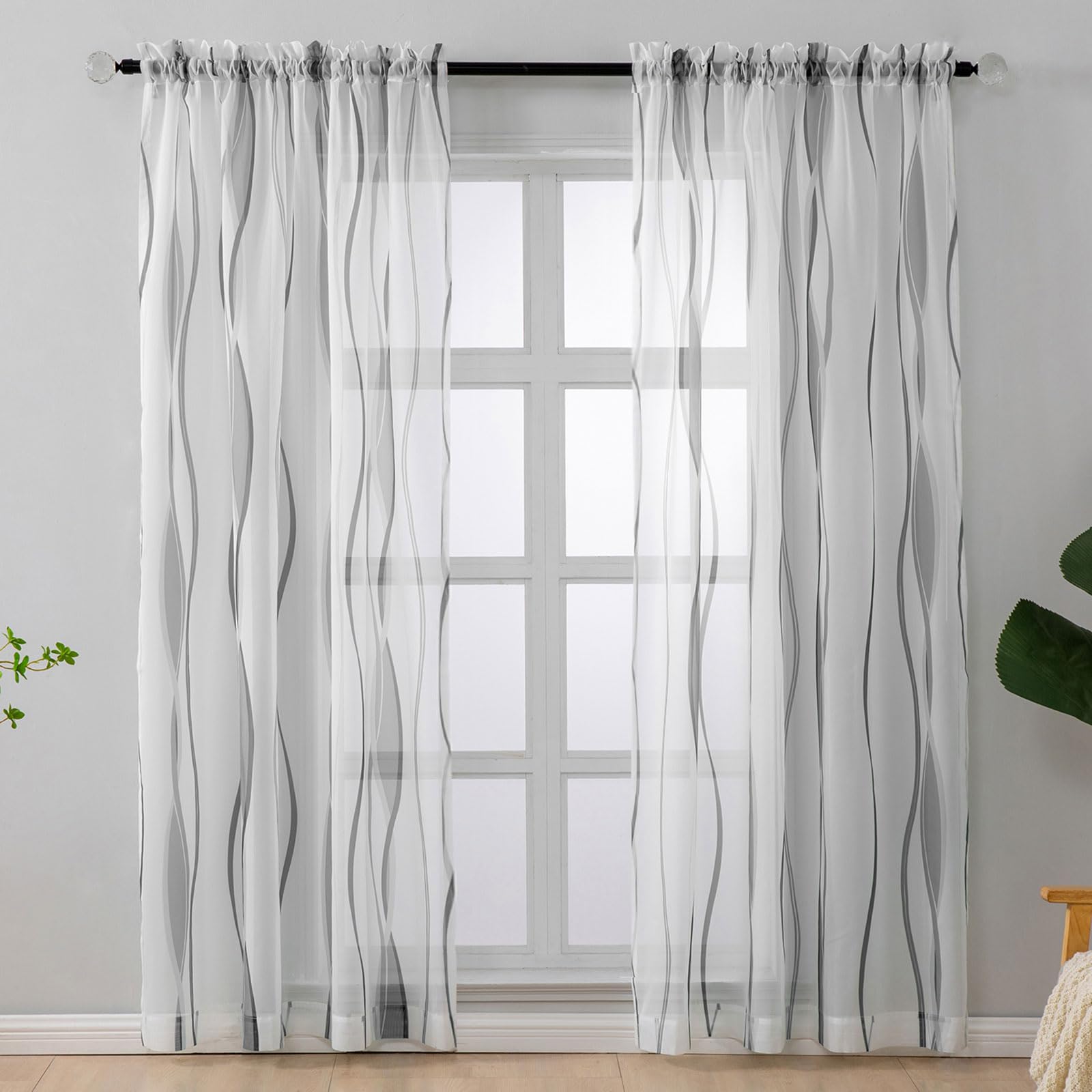 L.Z.E White and Grey Sheer Curtains 63 Inch Length for Living Room 2 Panels Set, Short Voile Sheer Curtains & Drapes for Bedroom Dining Room Kids Room