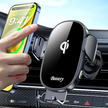Beeasy Wireless Car Charger, 15W Fast Car Mount Charger 360 Rotation Automatic Clamping&One-Touch Release Car Vent Phone Mount Compatible with iPhone12-17, Samsung, Android Smartphones