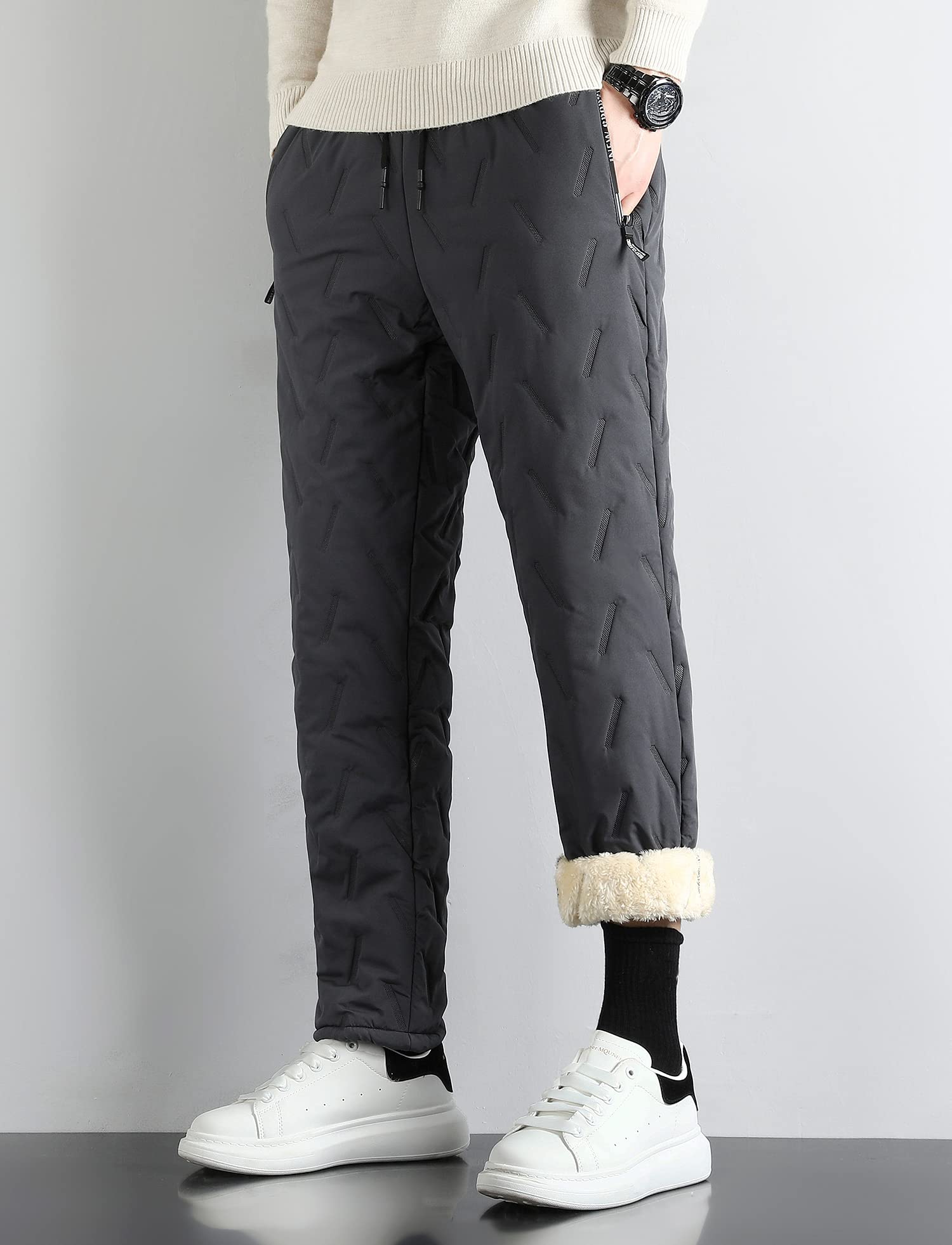 Nopuper Mens Warm Thick Pants Sherpa Lining Sweat Pants for Cold Weather, Winter Work, with Zipper Pockets