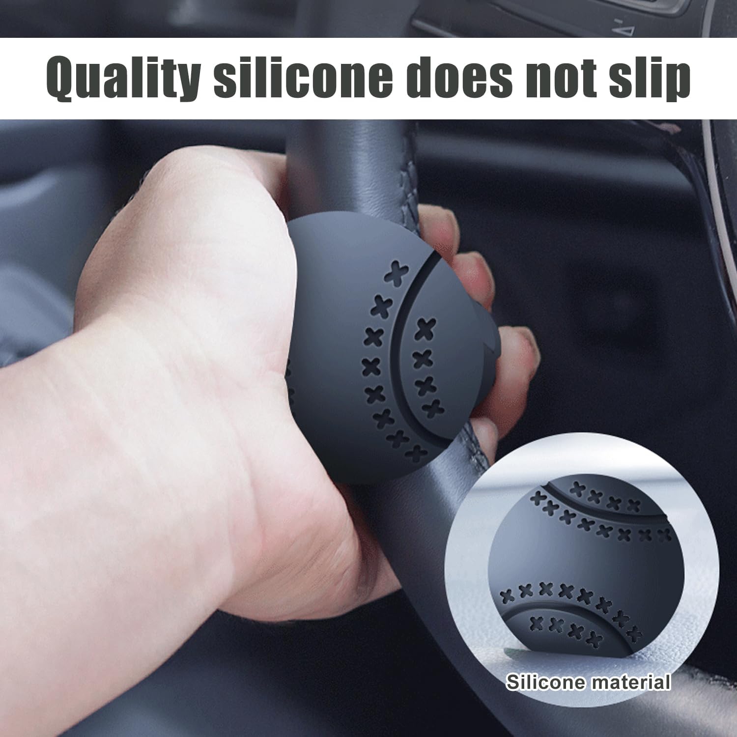 A hand gripping the steering wheel knob, highlighting the quality silicone material that prevents slipping.