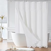 Vista 8 de Gibelle Juego de Cortina de Ducha Boho Farmhouse, Cortina de Ducha de Tela de Algodón y Lino con Decoración de Encaje Macramé, Cortina de Baño