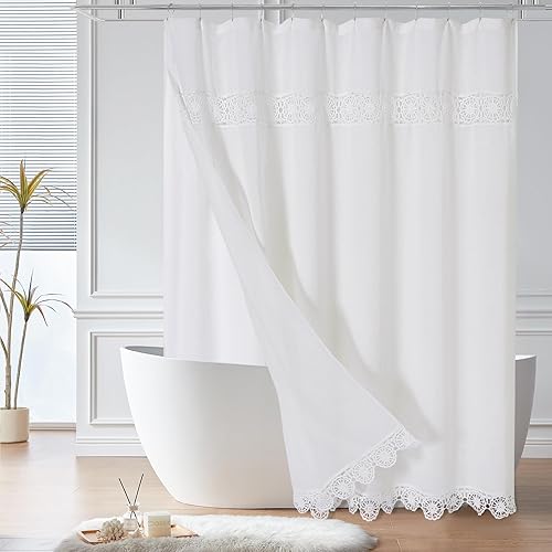 Miniatura 8 de Gibelle Juego de Cortina de Ducha Boho Farmhouse, Cortina de Ducha de Tela de Algodón y Lino con Decoración de Encaje Macramé, Cortina de Baño