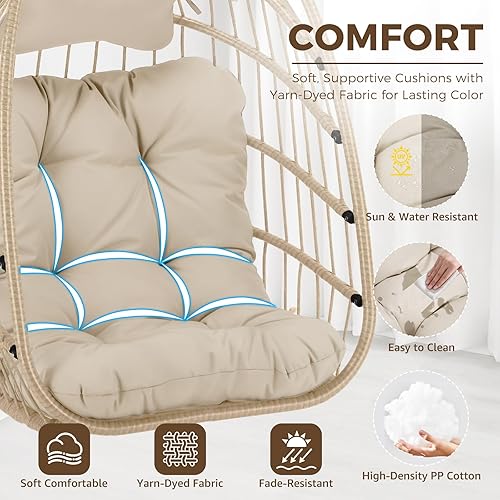 Miniatura 7 de NICESOUL Silla colgante con soporte para interiores y exteriores, cómodas sillas hamaca de ratán para patio con cojín, capacidad de 350 libras