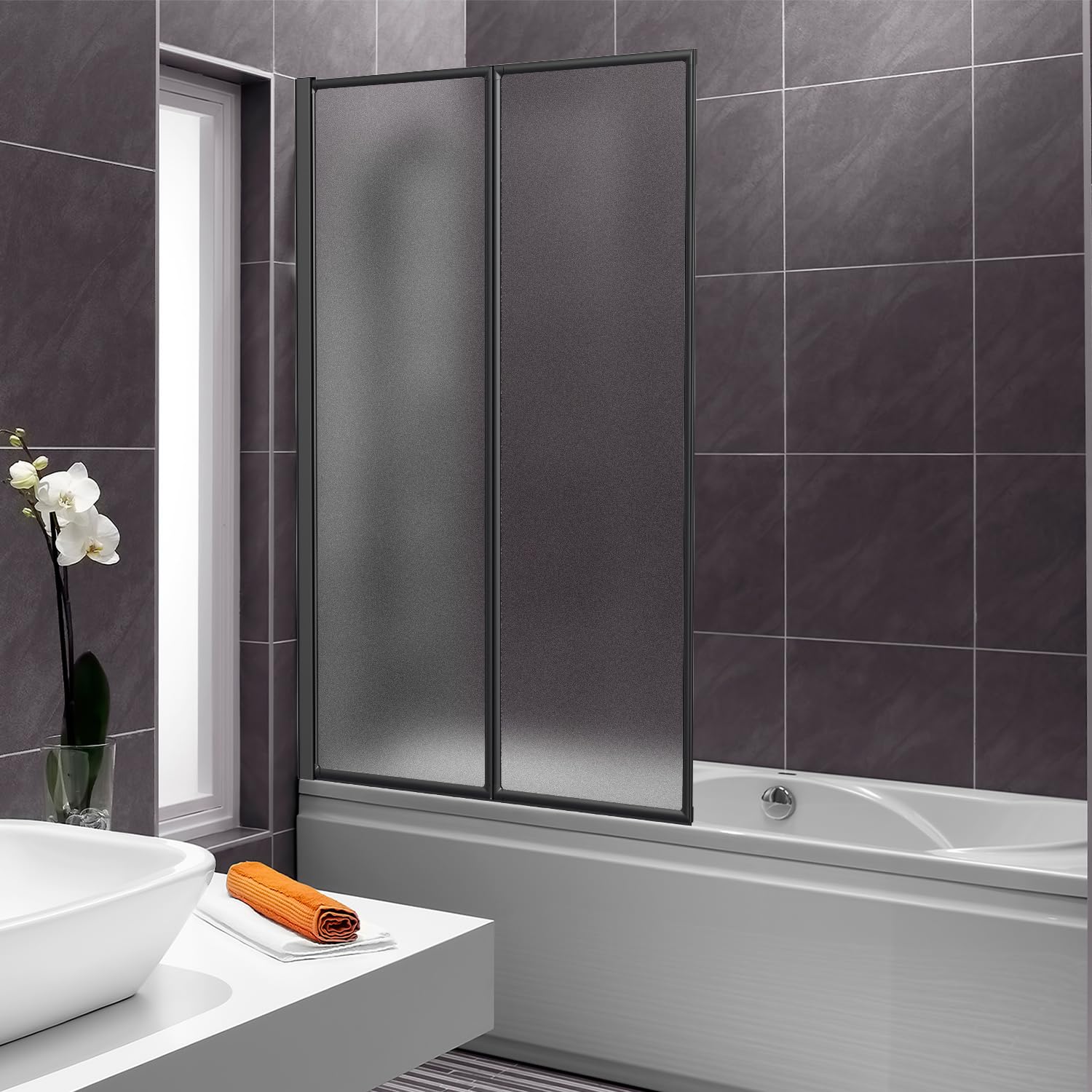 Mampara de ducha de plástico para bañera, antiastillas, 100 x 140 cm, 2 piezas, plegable, marco de aluminio negro, izquierda/derecha, con aspecto mate