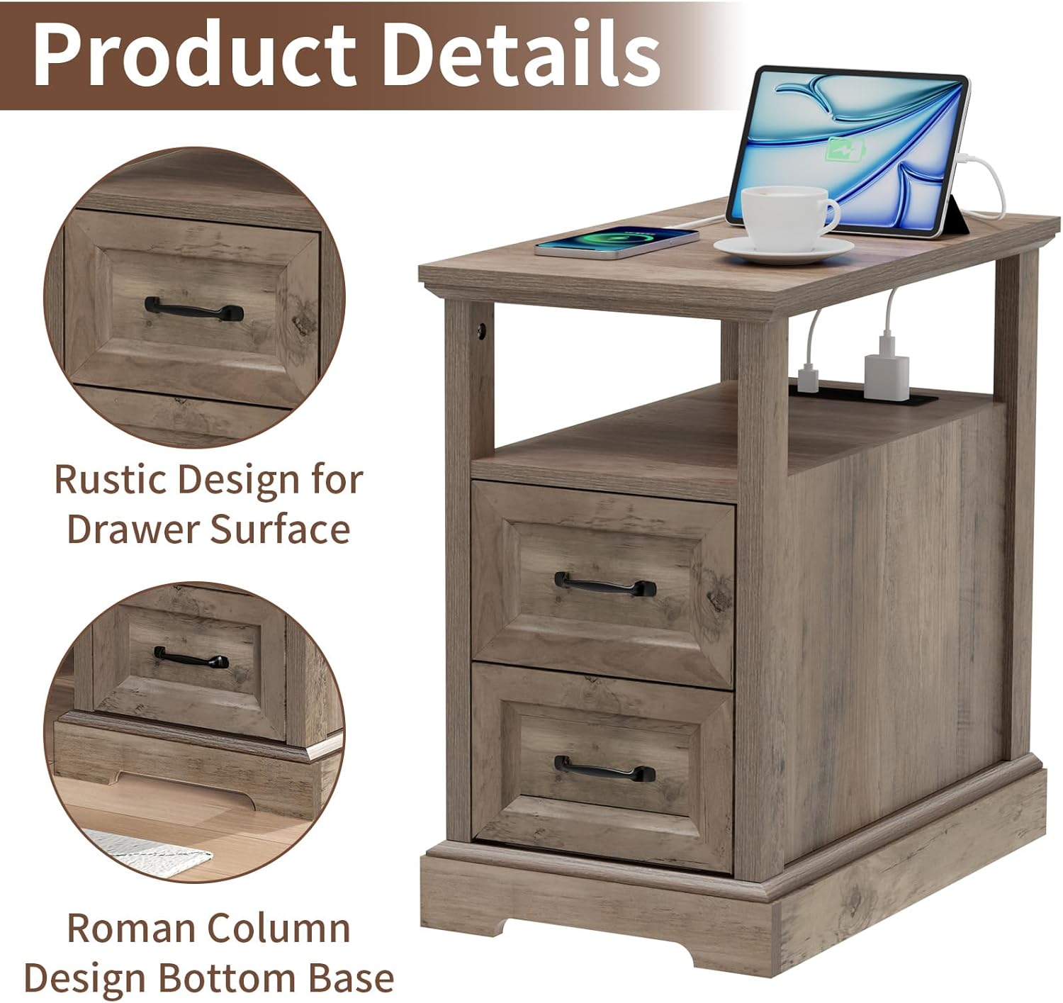 HOMMPA 23.6'' Farmhouse End Table with Charging Station Set of 2, Rustic Night Stand w/ 2 Drawers & Open Shelf, Wood Sofa Side Table Bedside Table for Living Room, Roman Column Design, Greige