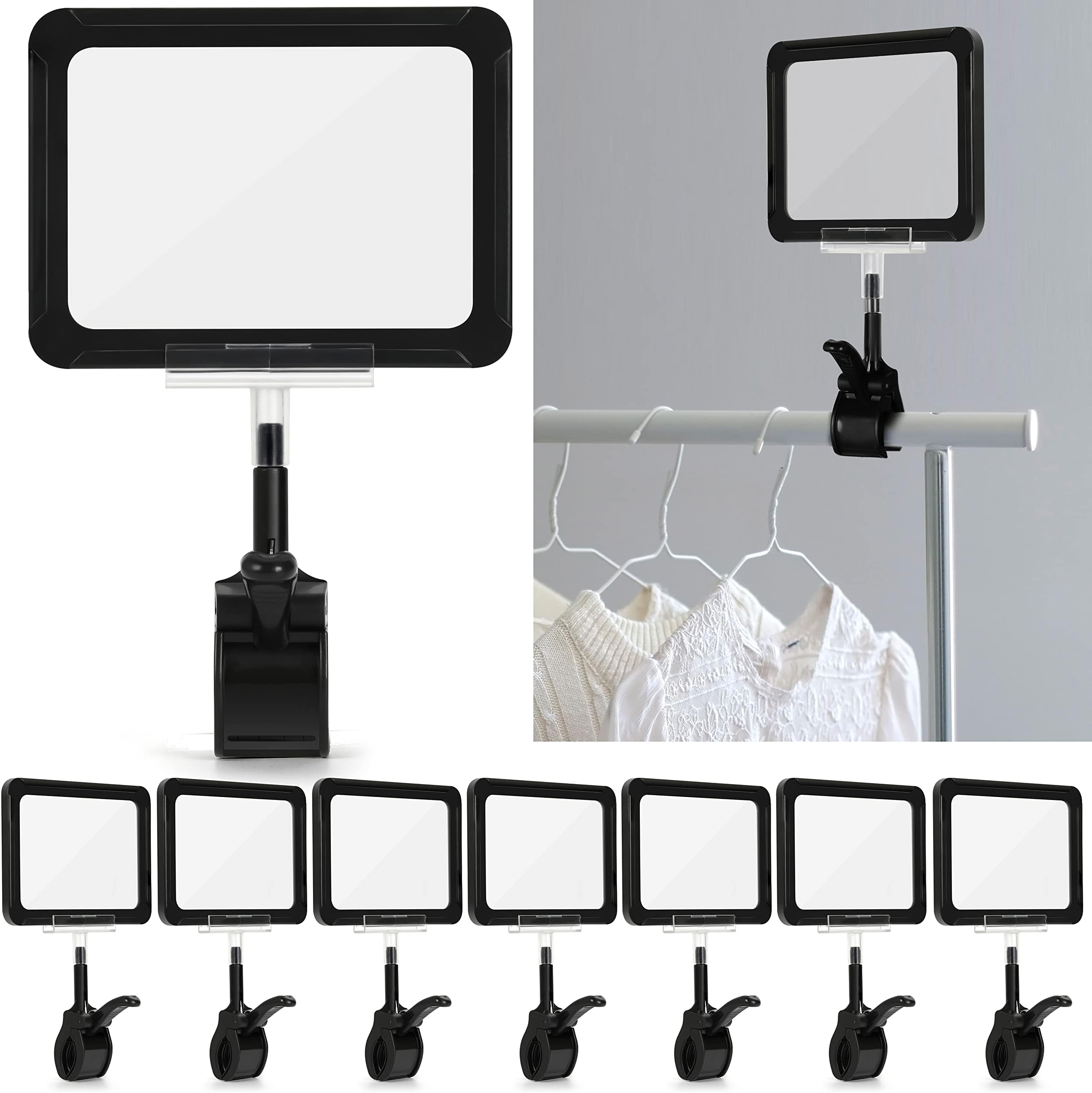 7 Pieces Clip on Sign Holder, Plastic Rotatable Pop Label Clips Merchandise Sign Display Clip, Sign Holding Clamp with Card Protector for Note, Card, Price Tag, Store, Supermarket, Office