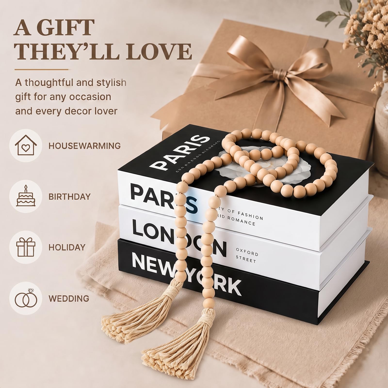 Libri decorativi per la casa, set di 3 libri finti in bianco e nero con nappe di perline di legno, decorazione estetica per la stanza, decorazione per tavolini, soggiorno, decorazione per scaffali,