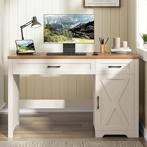 Miniatura 7 de Vabches Farmhouse Escritorio ejecutivo de 47 pulgadas, escritorio para computadora con cajones y armario de almacenamiento, escritorio de oficina en