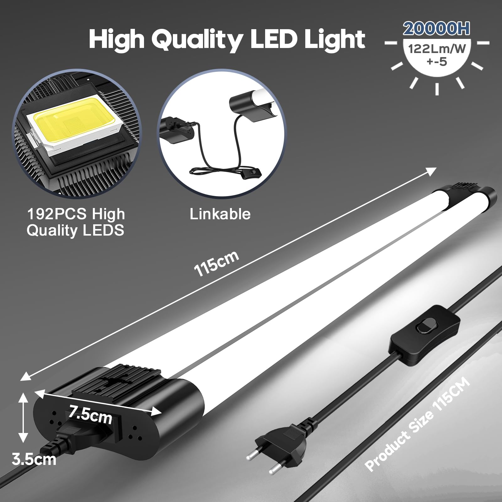 Listwa LED 120 cm, 40 W, 5000 lm, ściemniana neonowa biel, 6500 K, wodoodporna IP65, lampa sufitowa do garażu, magazynu, warsztatu, biura, 4 sztuki