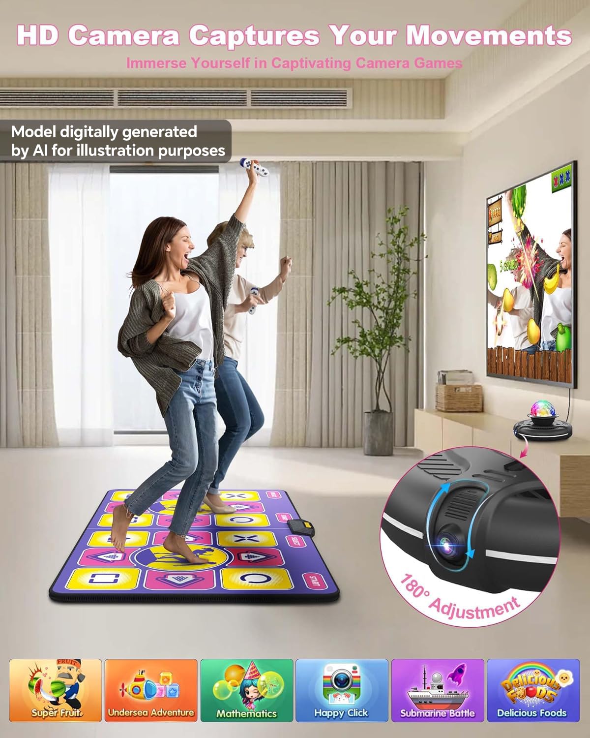 Tappetino da Ballo per TV con Controller Wireless, Doppio Utente, Antiscivolo, Fitness per Bambini e Adulti, Regalo per Ragazze e Ragazzi (Viola)