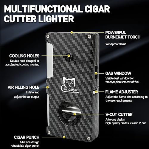 Miniatura 6 de BestCatgift Encendedor de cigarros todo en uno con textura de fibra de carbono con cortador en V de cigarrillos perforador de puros agujeros de