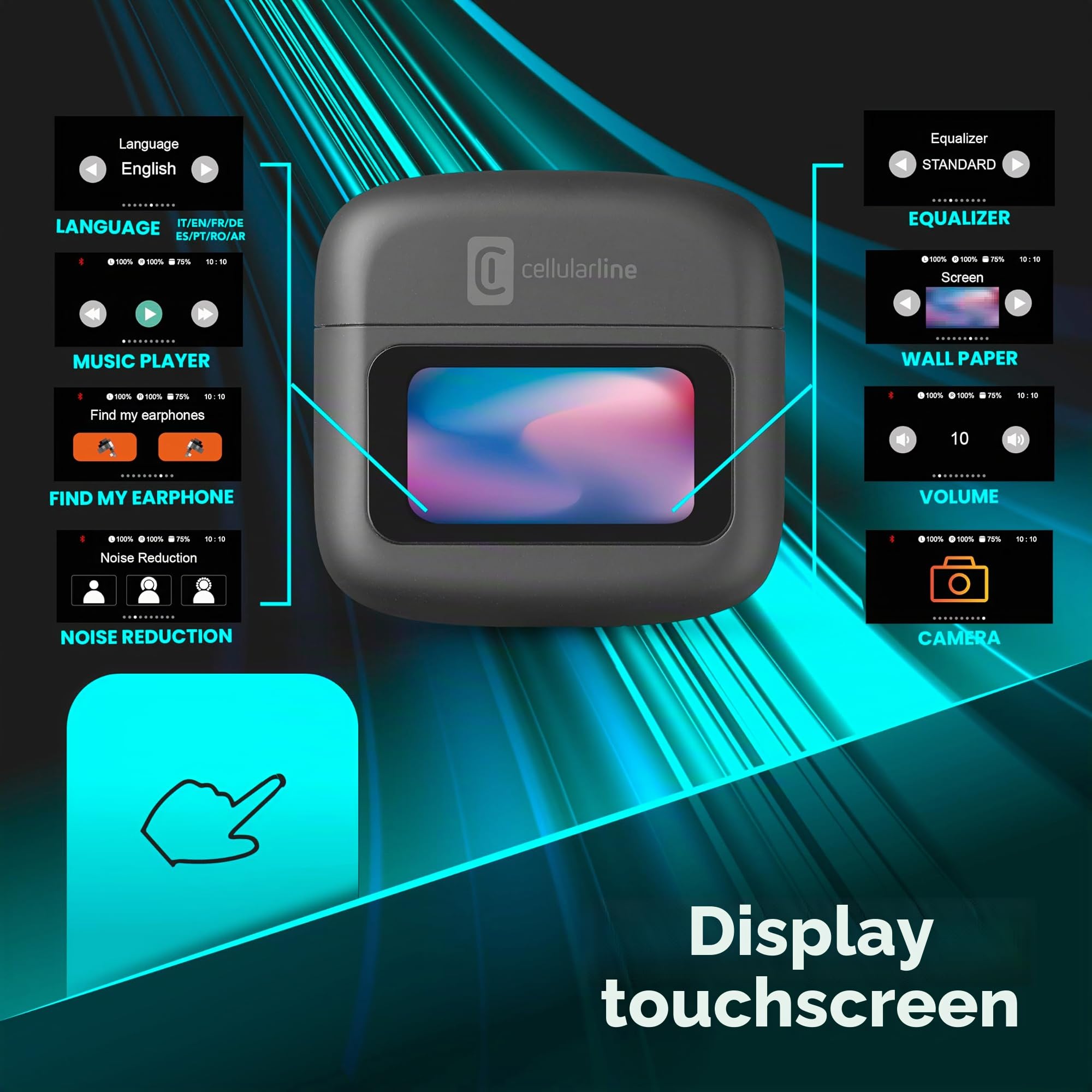 cellularline HUSH Auricolari Bluetooth In-Ear con Display Touch, Active Noise Cancelling, Noise-Free Calls, 5 EQ, Autopairing, 42h Play Time, Chiusura Magnetica per Ricarica