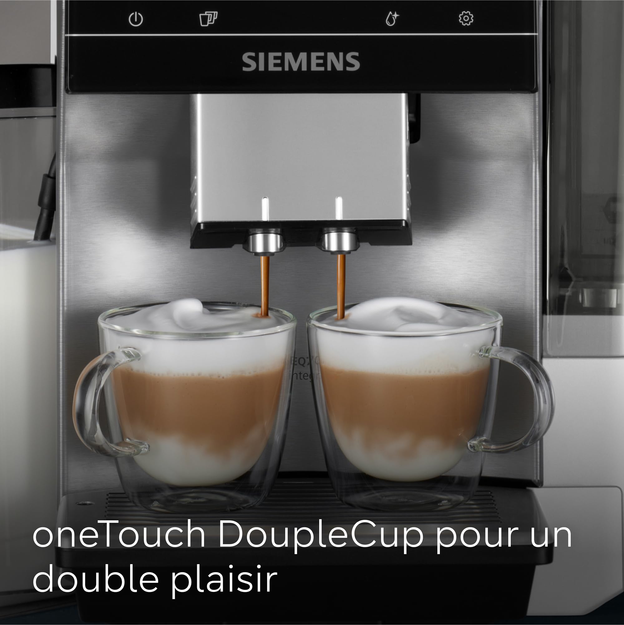 SIEMENS, machine à café à grain automatique, EQ700, écran iSelect, coffeeWorld, Cold Brew, Slow Brew, bac à lait, adaptateur briques de lait, Home Connect, acier inoxydable, blanc, TQ715R03 integral