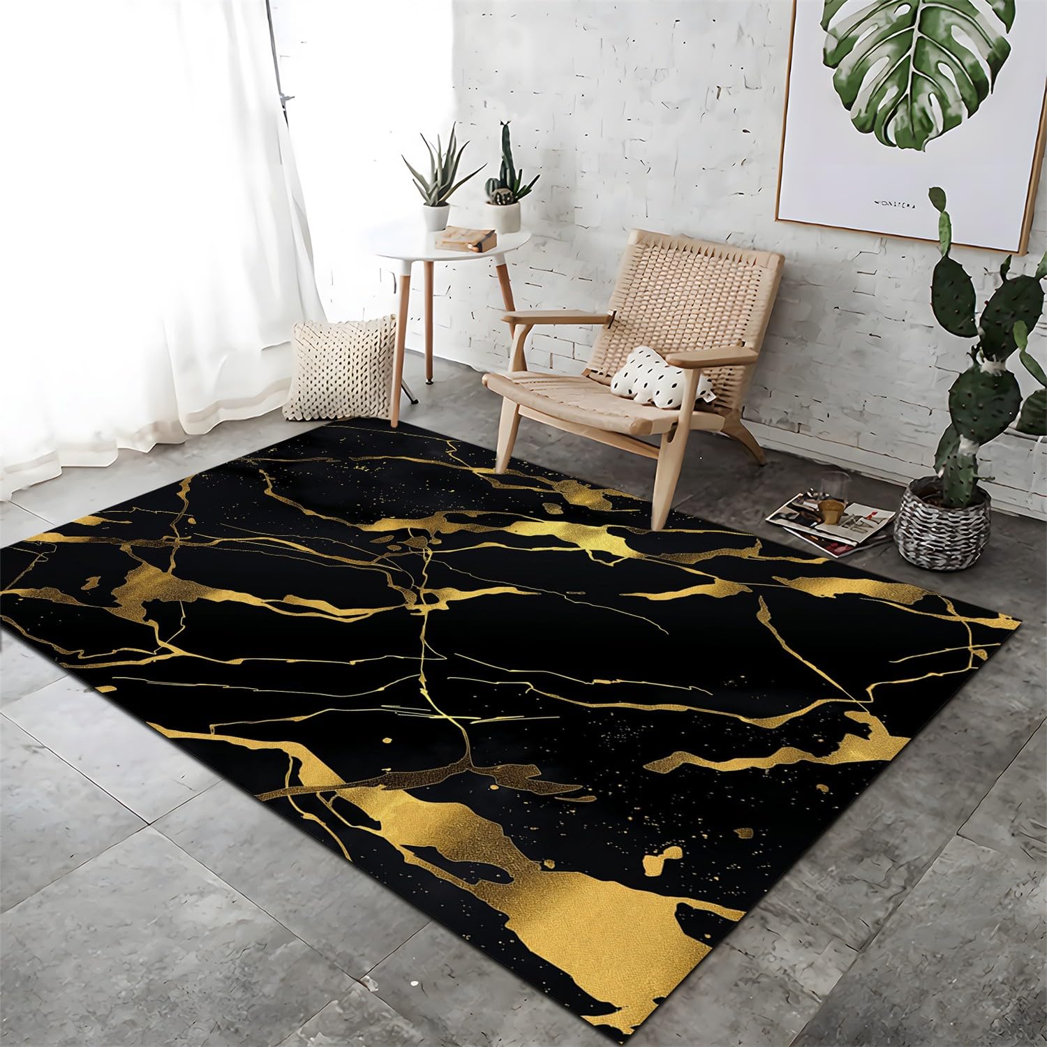 Tapis de salon luxueux aspect marbre noir et or en version lavable 120x160