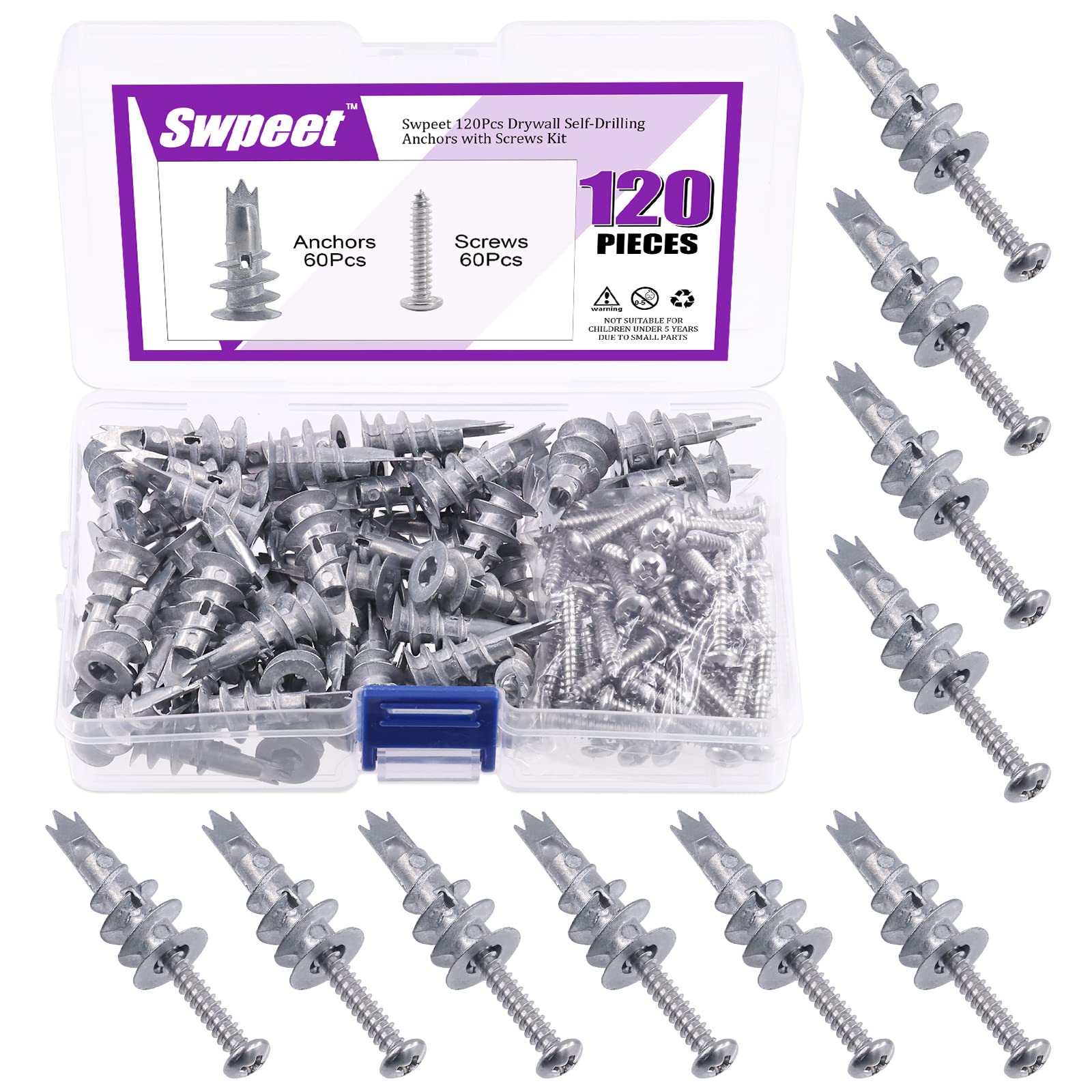 Swpeet120Pcs Heavy Duty Zinc Self Drilling Drywall Anchors with #8 x 1-1/4'' Screws Kit, No Pre Drill Hole Preparation Required - Self-Tapping Drywall Anchors for Hanging and Mounting