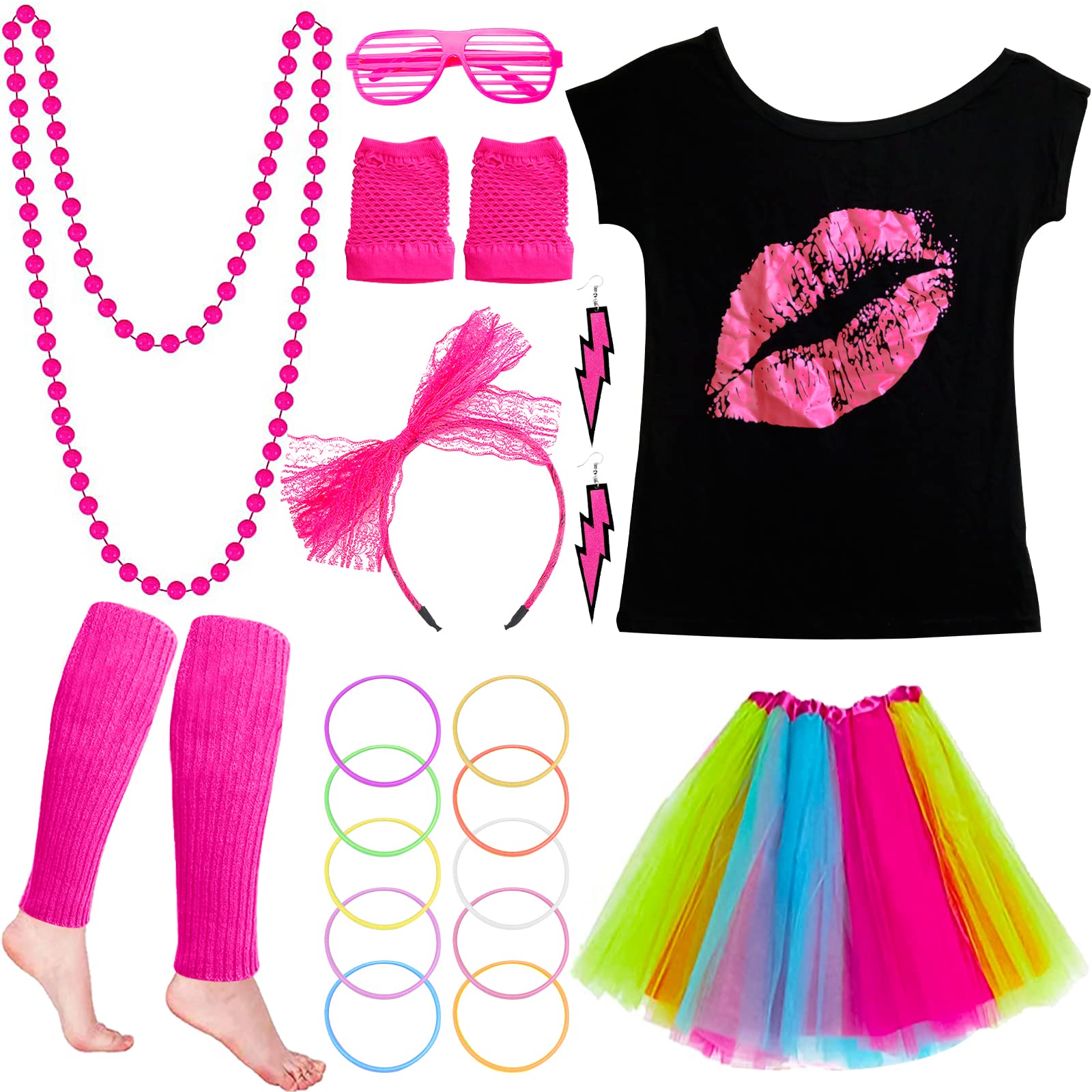 VIPNAJI Disfraz Años 80 – 21 Piezas De Accesorios Neon Para Mujer, Incluye Camiseta, Falda Tutú, Guantes, Pendientes Y Más