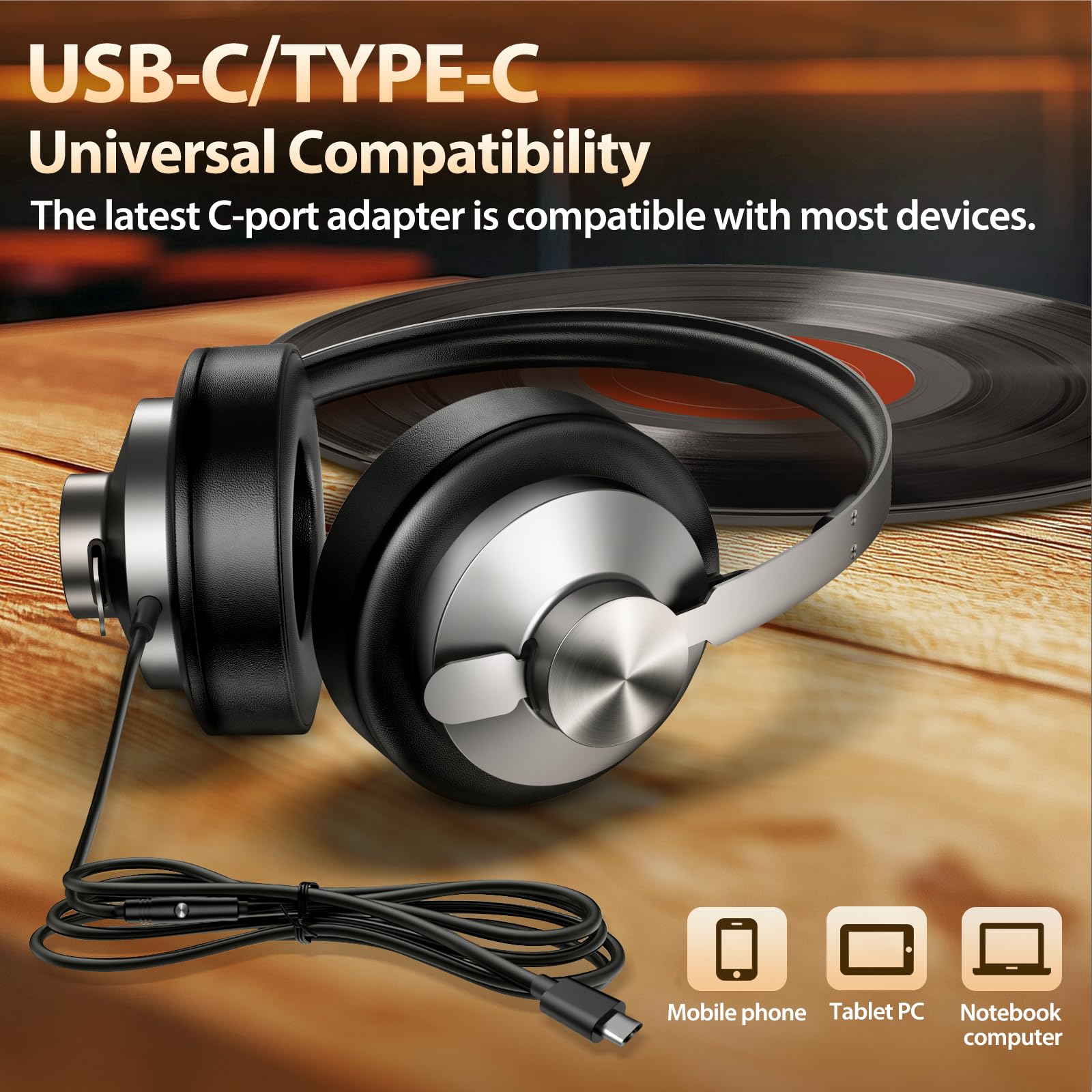 INFURTURE Cuffie over-ear cablate con design ergonomico USB-C con memory foam, suono e struttura in metallo resistente, perfette per pendolari, giochi, uso in studio, viaggi, escursionismo, sport