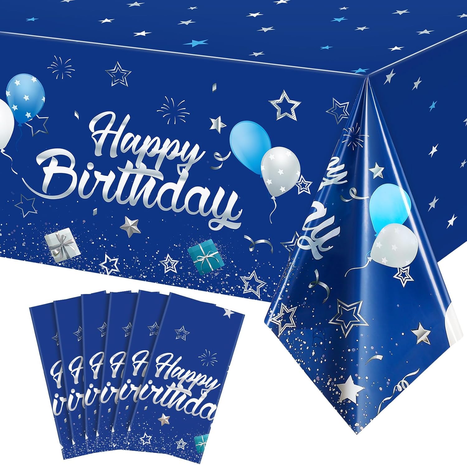 Tegeme Navy Blue Party Supplies Stars Happy Birthday Tablecloths Starry Confetti Table Covers for Kids Boys Girls Baby Shower Birthday Party Decorations(Navy Blue and Gold,6 Pack)