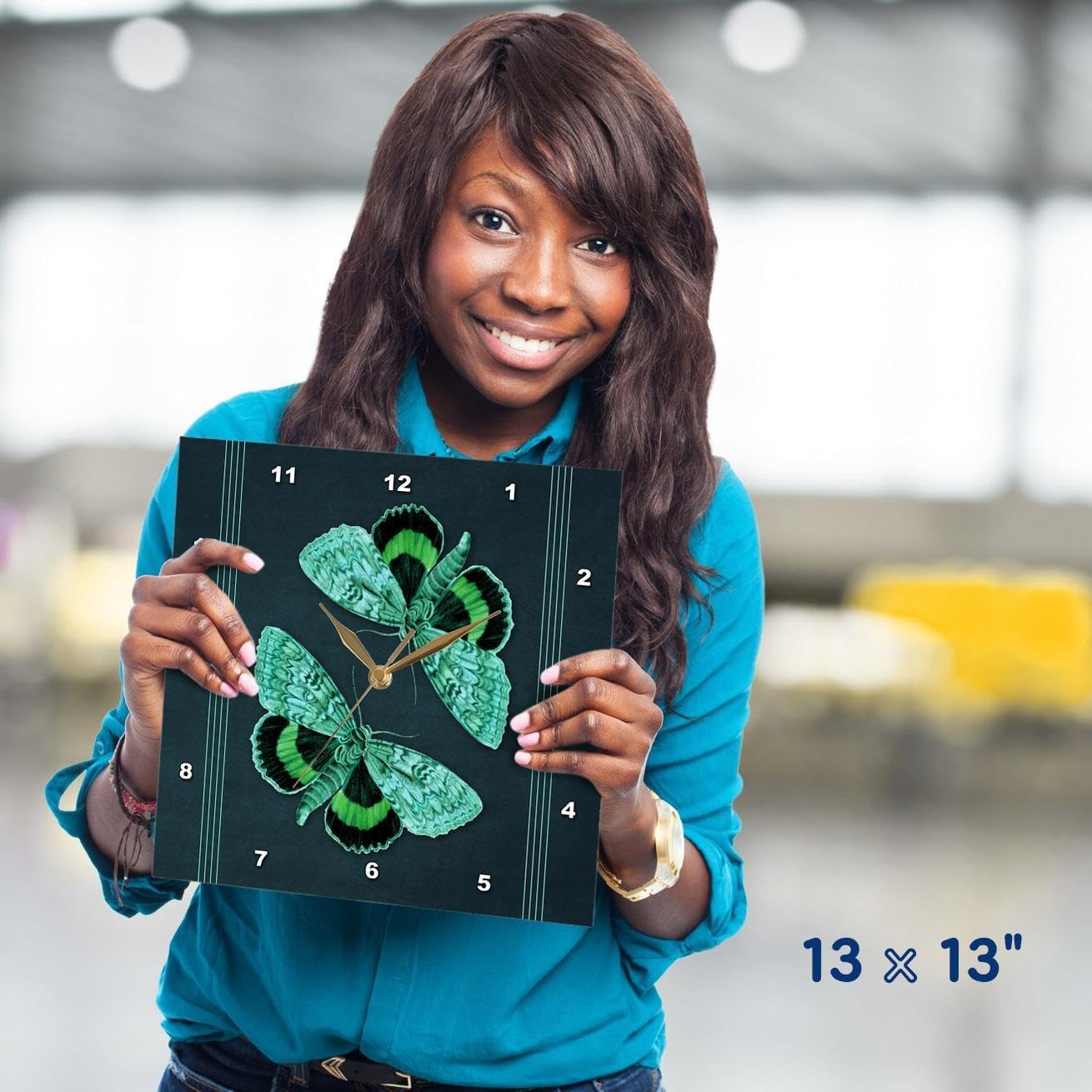 3dRose DPP_53911_2 Green and Turquoise Butterflies on a Textured Teal Background with Turquoise Line Accents Wall Clock, 13 by 13-Inch