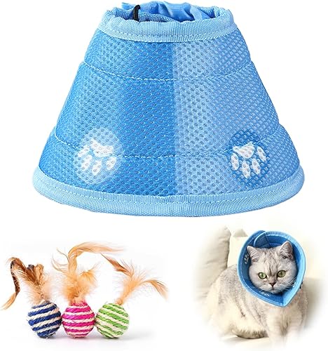Fluffyland Collar de cono de gato suave, ajustable, cono de gatito azul y verde, para recuperación después de la cirugía, collar E transpirable para
