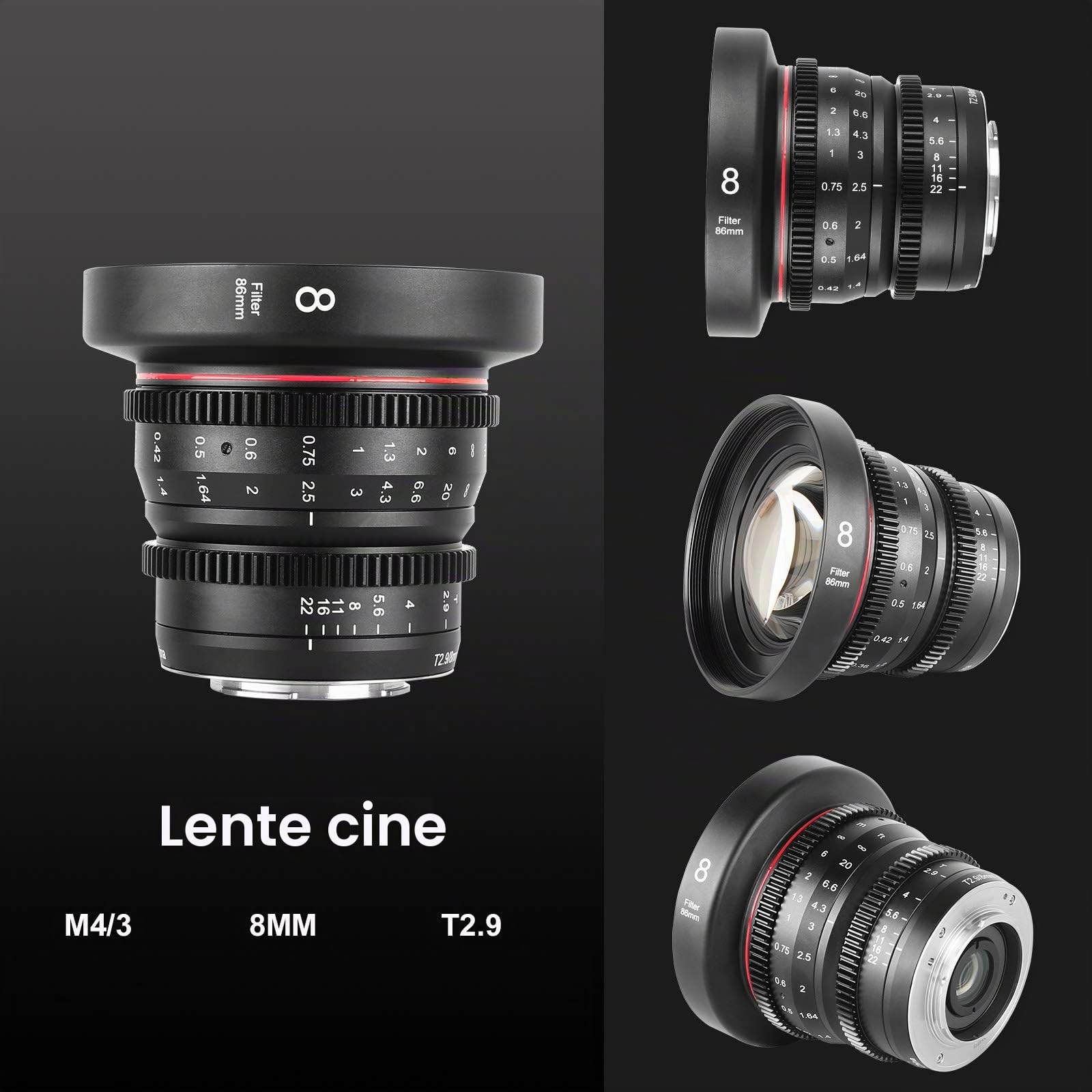 Meike - Lente obiettivo cinematografica, grandangolare da 8 mm T2.9 Mini Fixed Prime, messa a fuoco manuale per fotocamere M43 Micro Four Thirds MFT BMPCC 4K Z CAM E1 E2 Black