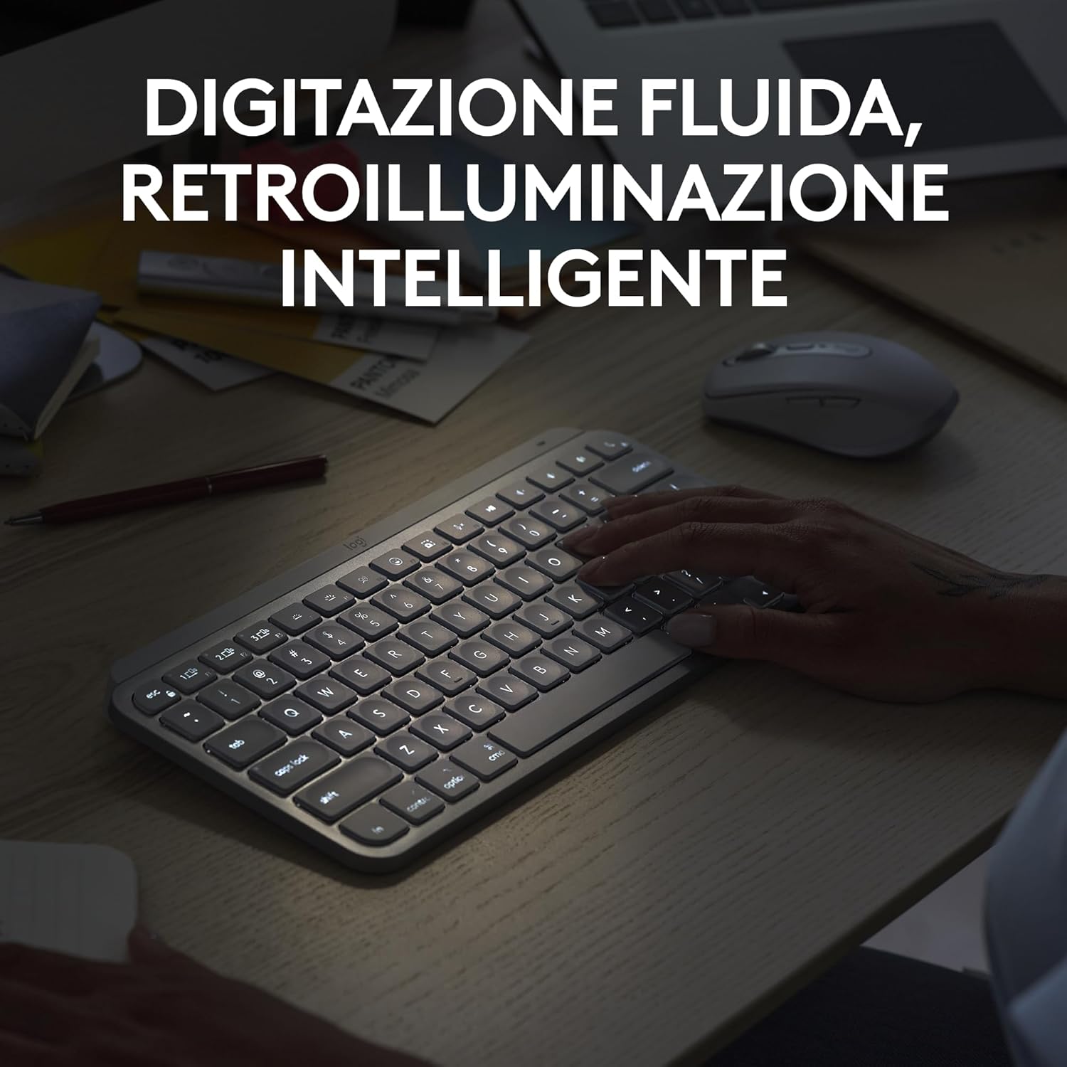 Logitech MX Keys Mini + MX Anywhere 3S, Tastiera e mouse wireless: digitazione fluida, tasti retroilluminati, scorrimento rapido, USB-C, Bluetooth, per più Sistemi Operativi, Italiano QWERTY, Rosa Rosa + Tastiera - Immagine 3