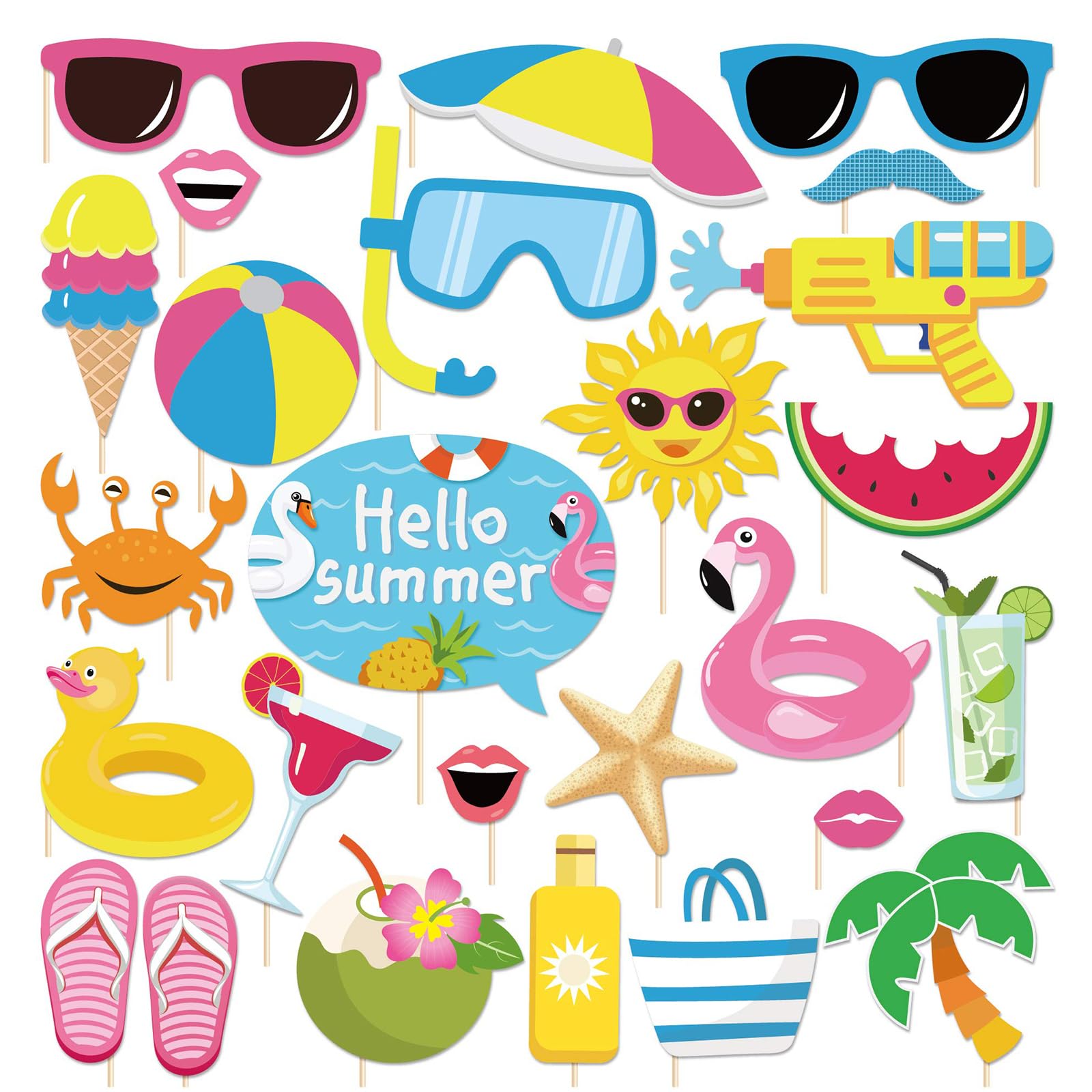 25PCS Summer Decorations Hawaiian Tropical Party Photo Booth Props Cocktails, Coconut, Palm Tree And “Hello Summer” Sign and More Garden/pool/birthday/party Decorations Themed Photography