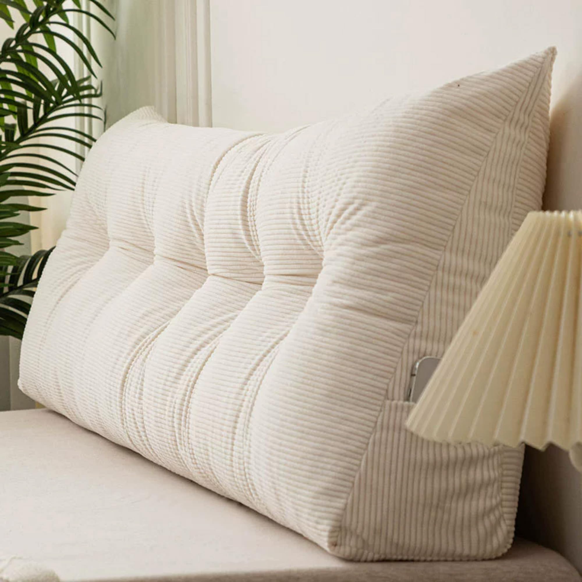 Hruile Wedge Headboard Pillow, Triangular Reading Pillows with Side Pockets, Soft Daybed Positioning Bolster, Ergonomic Backrest Support Cushion for Bed, Sofa, Chair (180x40x12cm,Off-white)
