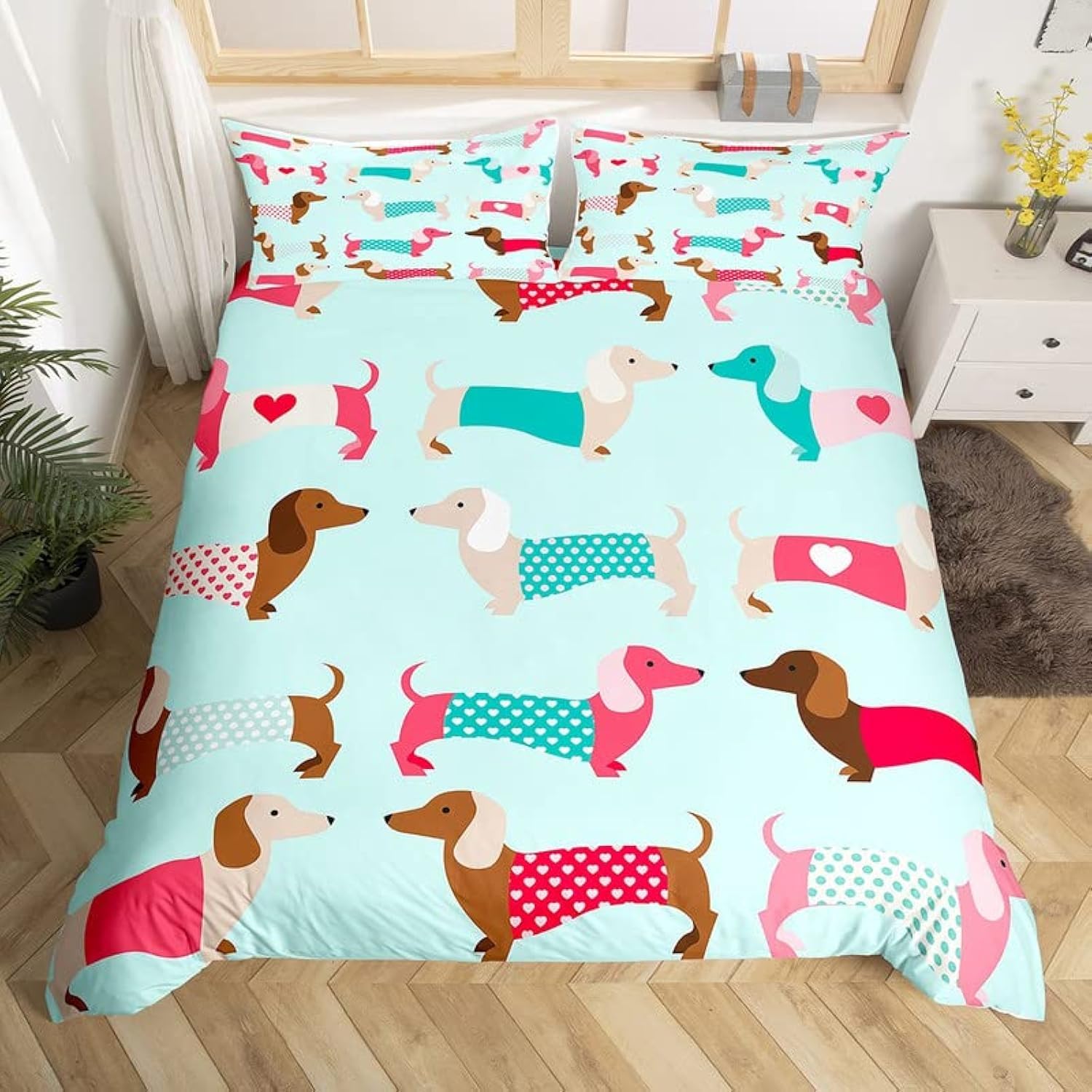 Homemissing Boys Multicolored 13236 Cartoon Dachshund Duvet Cover Sausage Dog Bedding Set For Kids Girls Cartoon Dachshund Puppy Comforter Cover Kawaii Pet Bedspread Cover 2Pcs Zipper Single Size