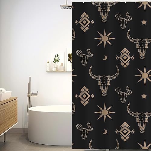 Miniatura 42 de Cortina de ducha occidental con ganchos, 72 x 72 pulgadas, cortina de baño de poliéster impermeable (botas, cactus calavera, toro) 72×72 Botas