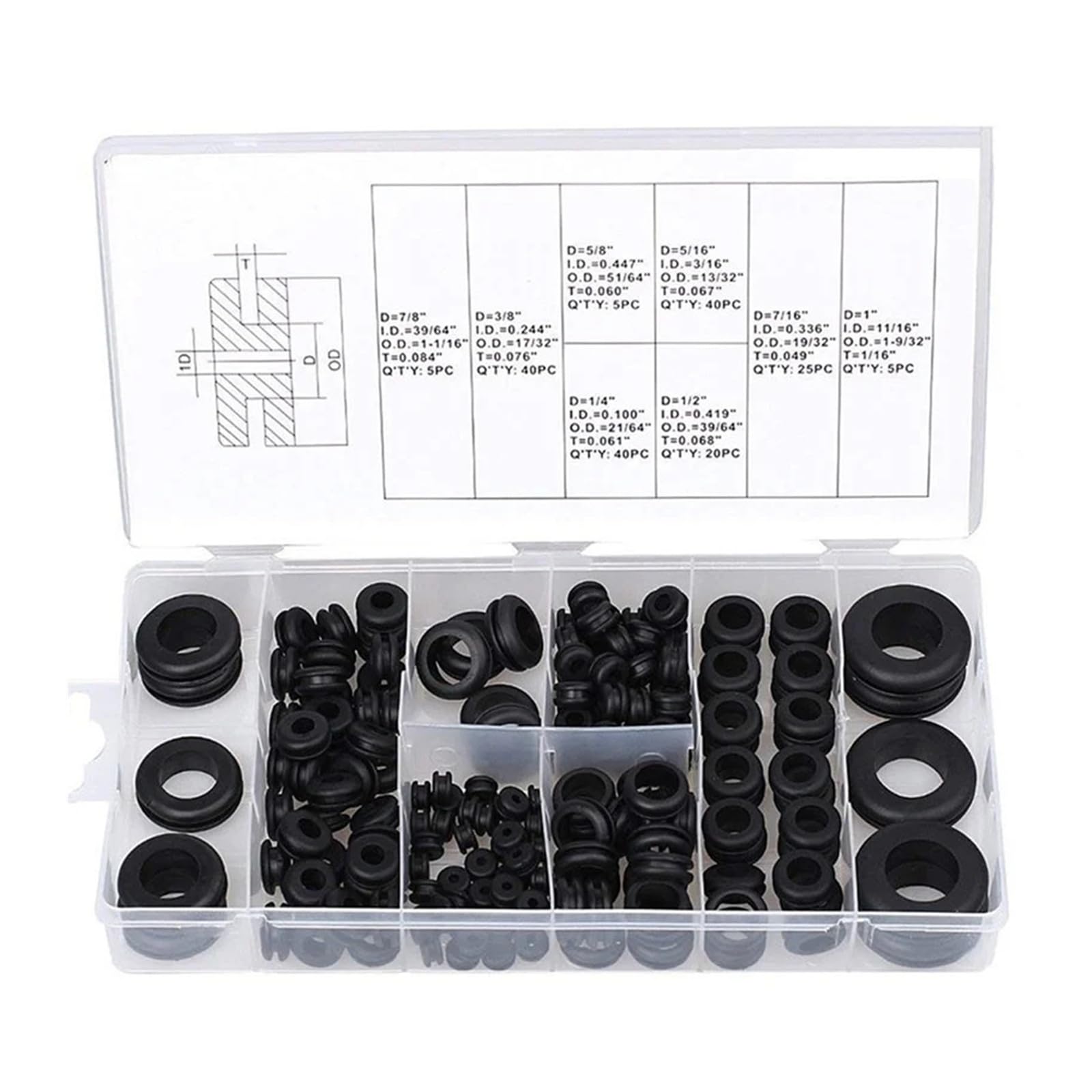 Juego de juntas de goma negra de 180 piezas.