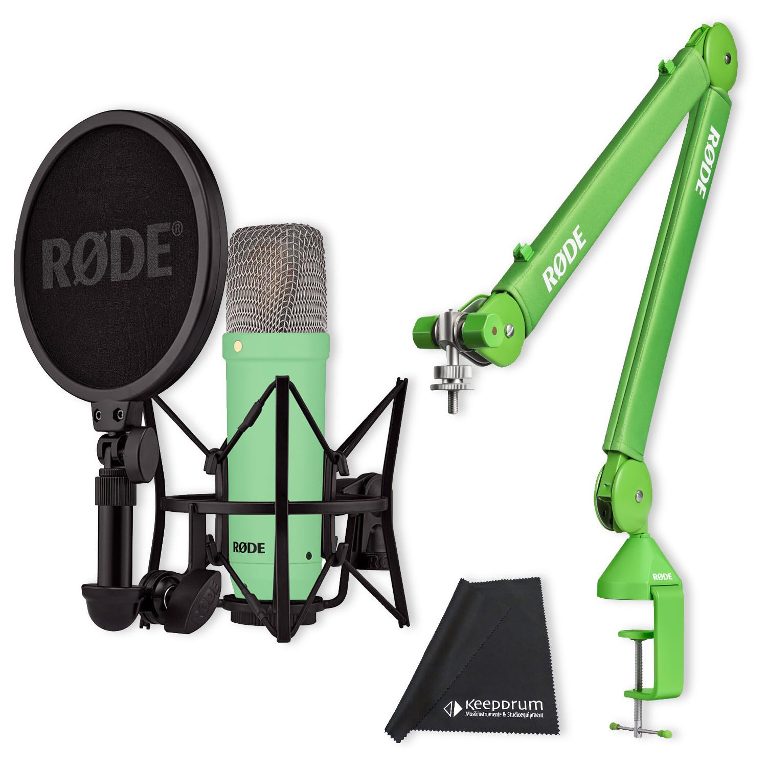 Rode NT1 Signature Studio-Mikrofon Grün mit PSA1+ Gelenkarm-Stativ Grün und keepdrum Mikrofasertuch