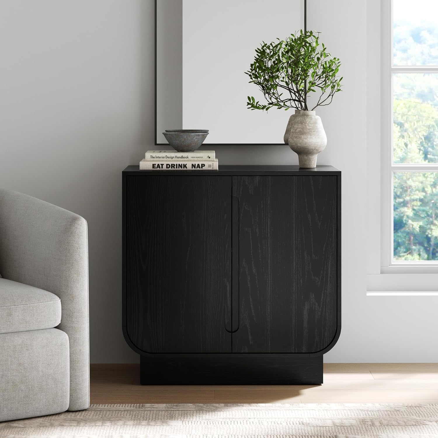 Bablon Mid-Century Modern Teak Wood Arched Storage Cabinet | Minimalist Accent Cabinet with Rounded Bottom Edges, Integrated Door Pull Cutouts & Adjustable Shelf (Black)-image-12
