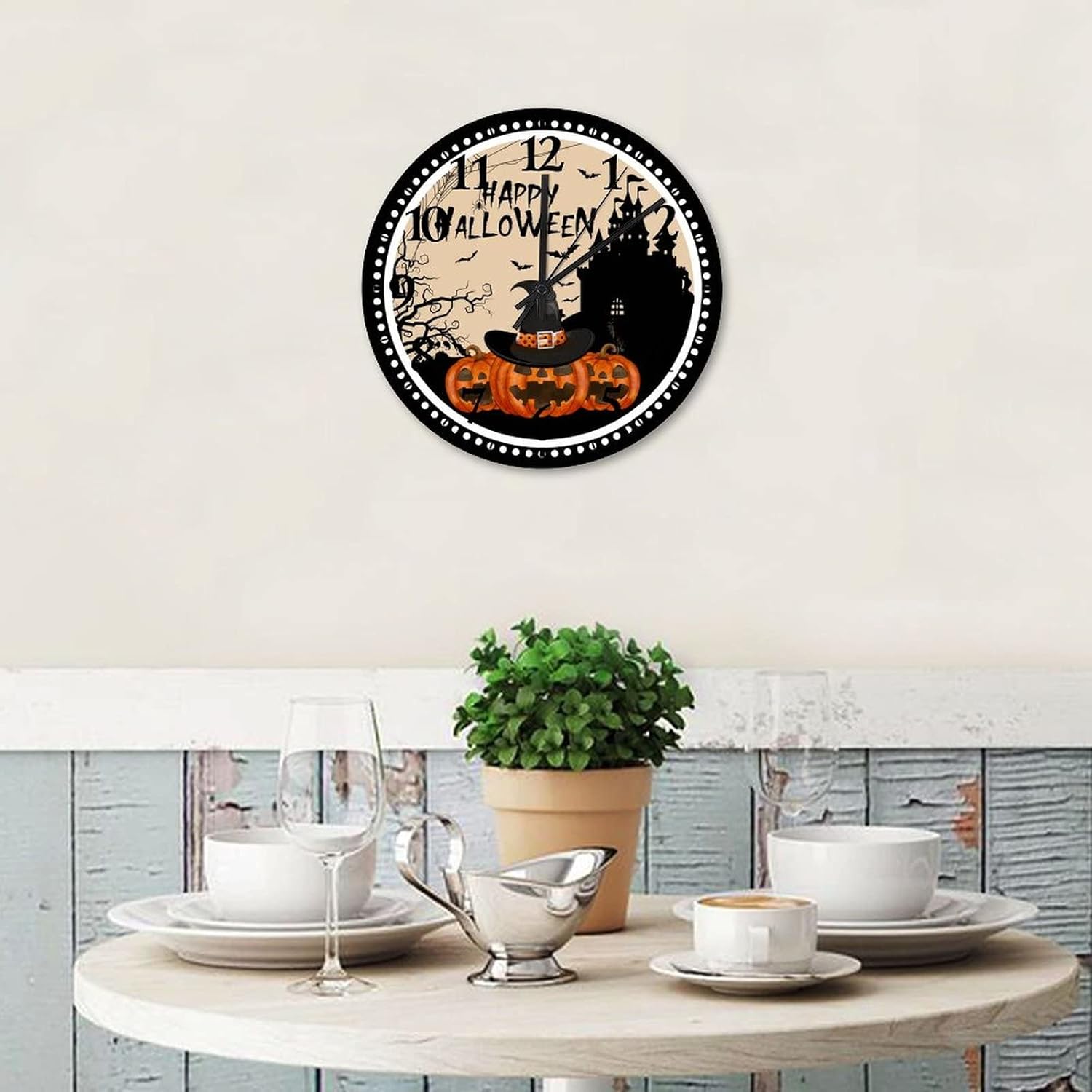 Happy Halloween Pumpkin Hunted House Clock Wood 12 Inch, Witch Hat with Evil Pumpkin Clocks for Living Room Decor Quartz Non Ticking Round Arabic Numbers Clock for Kitchen Dining Room