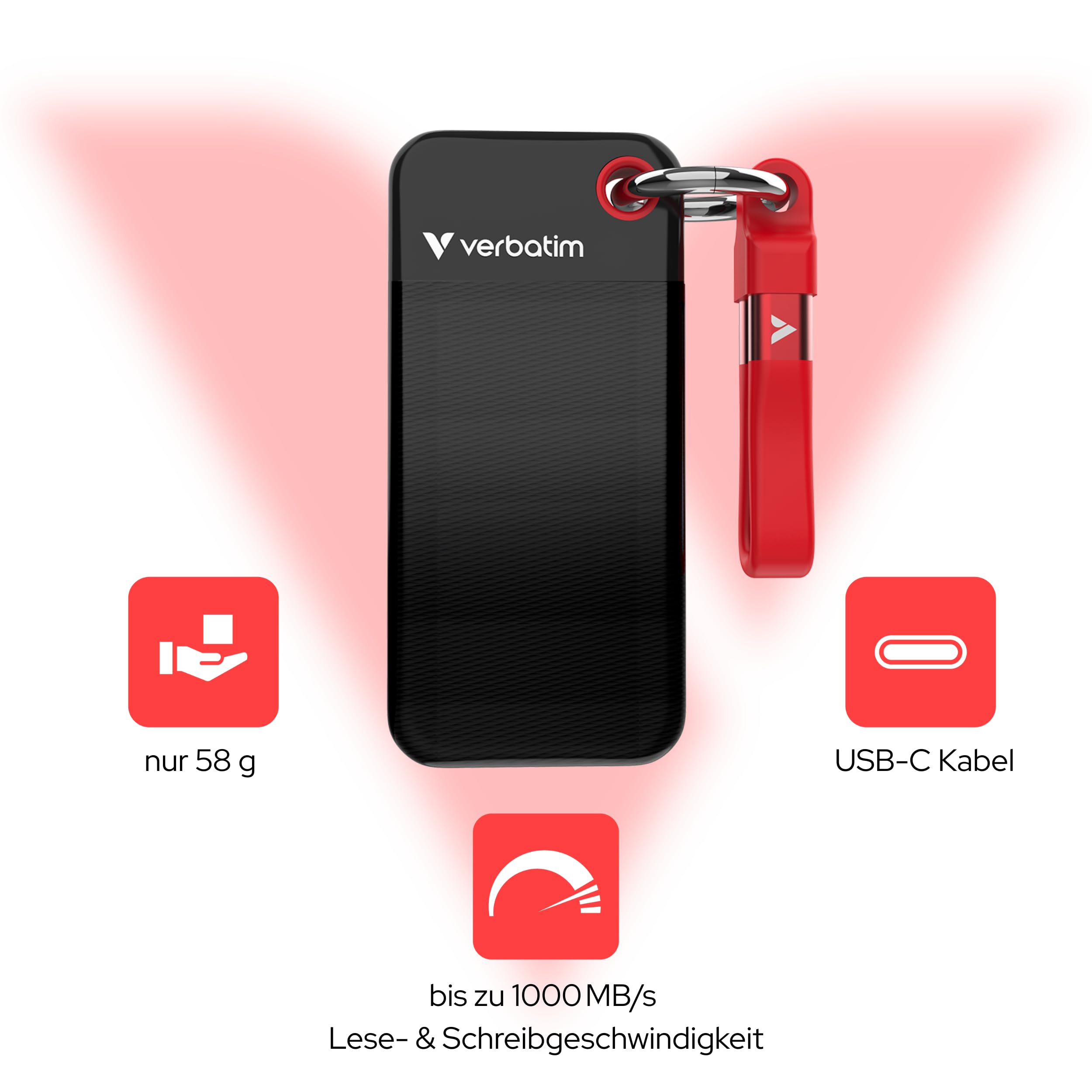 Verbatim Pocket SSD 1 TB, Externe SSD USB 3.2 Gen 2, bis zu 1000 MB/s Lesen & Schreiben, tragbare Festplatte für PC, Mac & Konsole, Schwarz/Rot