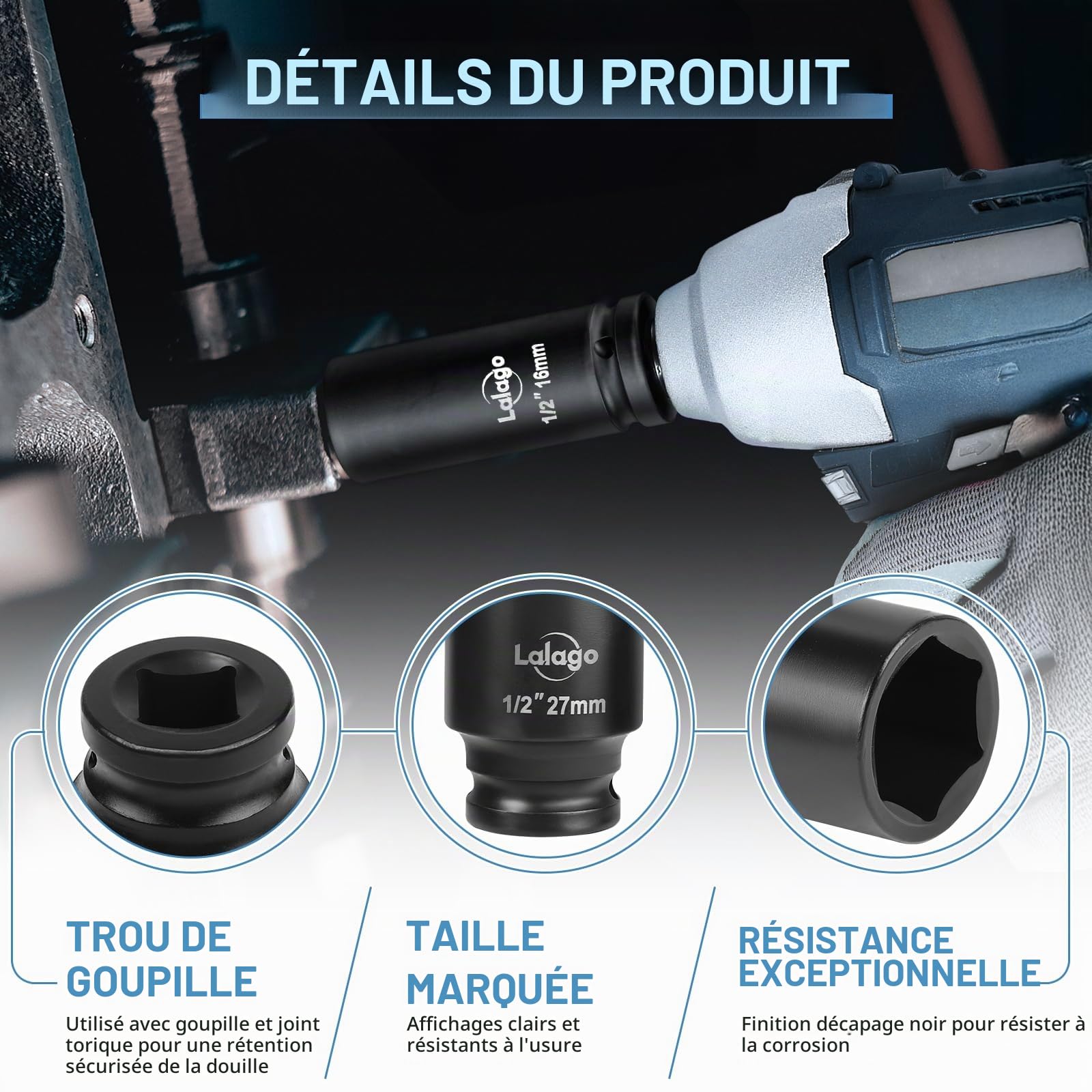 LALAGO 17 Pièces Douilles à Chocs 1/2" 10-32 mm, Coffret de Douille Longue Hexagonales CR-V, Clés à Douille avec Adaptateur 3/8'' à 1/2'', Douilles Métriques 6 Points pour Pneumatiques et Électriques