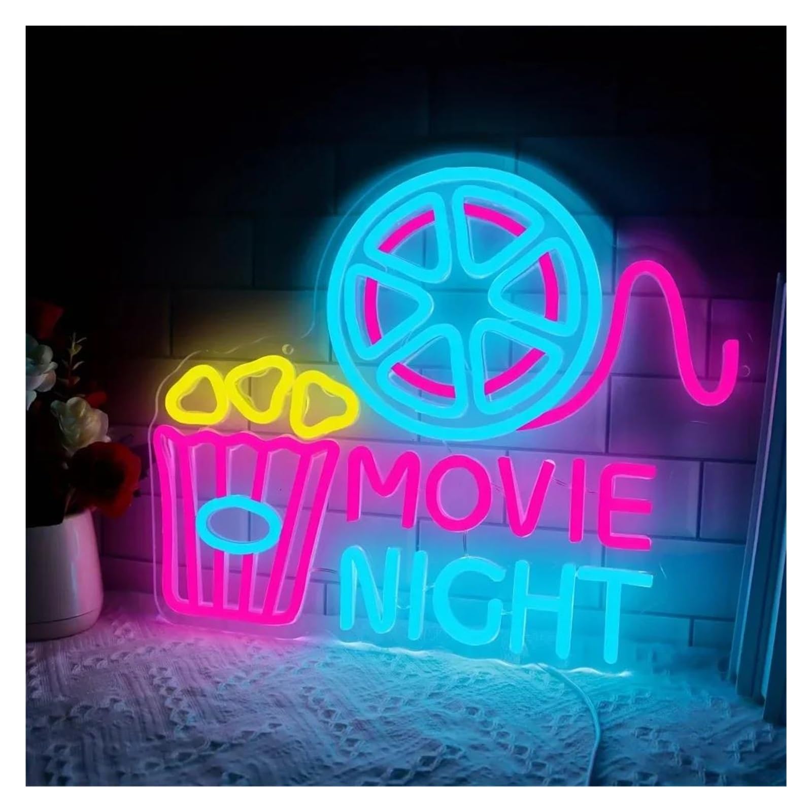 Shouxi One Color Sign Lamp Movie Night Neon Sign Popcorn Light Dimmable Usb Powered For Cinema Movie Time Home Theater Party Wall Decor 15.3Inx12.5in