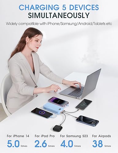 Miniatura 5 de Cargador portátil con cargador portátil, 20000 mAh, 22.5 W, USB C, carga rápida con cables integrados y enchufe de pared, batería externa con