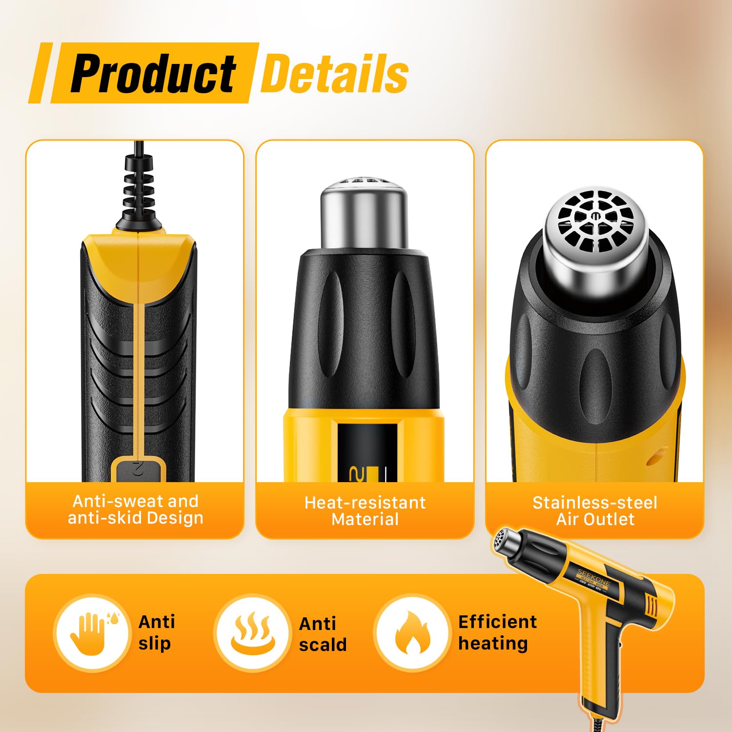 SEEKONE 600W Mini Heat Gun 2-Temp 572℉&932℉ Overheat Protection