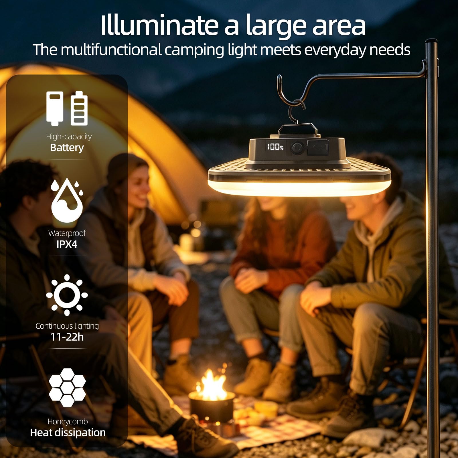 Luces LED recargables portátiles transparentes para acampar con indicador de batería LCD, luz impermeable para tienda de campaña, superbrillante, impermeable, para tiendas de campaña, toldos