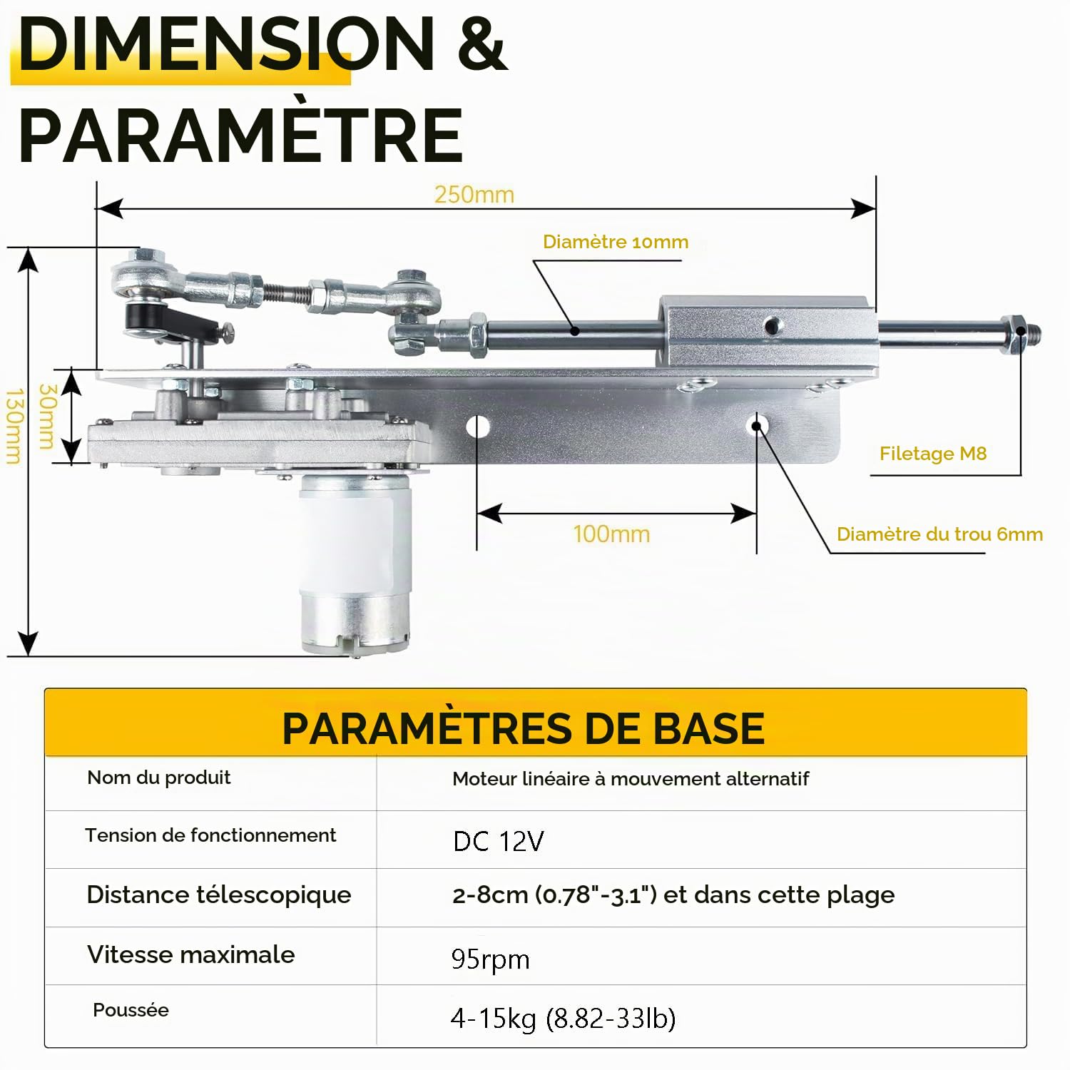 Actionneur Linéaire à Cycle Alternatif DC 12V, Moteur à Piston Alternatif Course 2-8cm, Entraînement Linéaire Linear Actuator 95RPM, Moteur Télescopique Réglable avec Régulateur de Vitesse