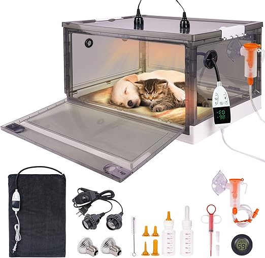 Puppy Incubator with Heating and Oxygenator, Incubator for Puppies, Kitten Incubator, Dog Incubator for Puppies, Puppy Whelping Supplies with Puppy Bed Mat, Temperature and Humidity Detection