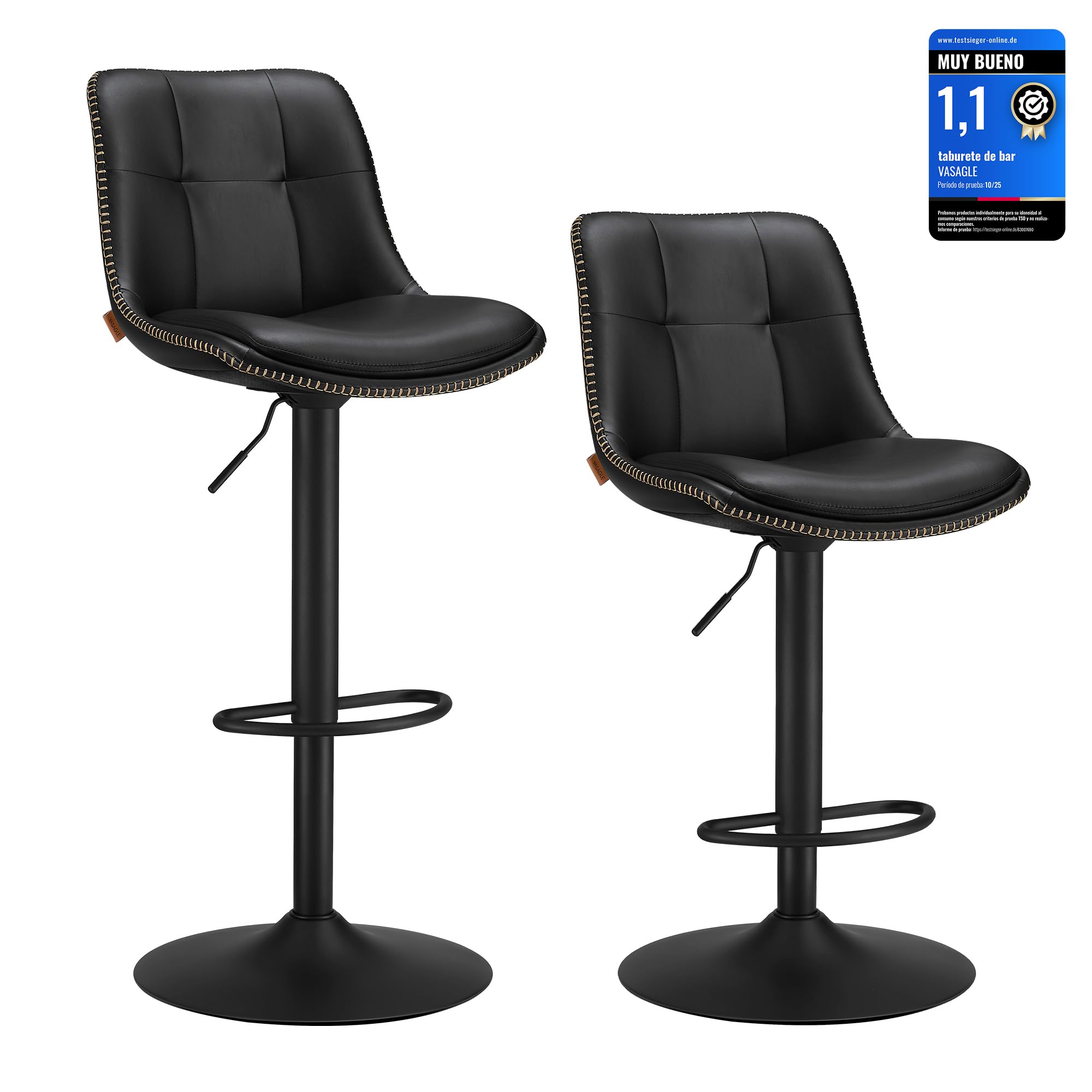 VASAGLE Juego de 2 Taburetes de Bar, Sillas Altas Giratorias Regulables en Altura, Acolchado PU, Sillas de Cocina con Respaldo y Reposapiés, Comedor, Mostrador, Acero, Negro Tinta LJB095B01