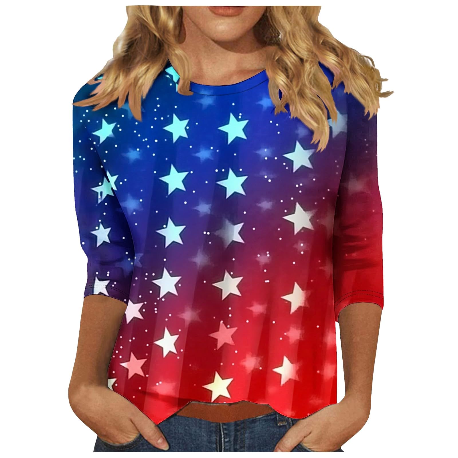 Shirts for Women Comfort 3/4 Length Sleeve Tops Casual Round Neck Tshirts Summer Trendy Floral Print Blouses Dressy